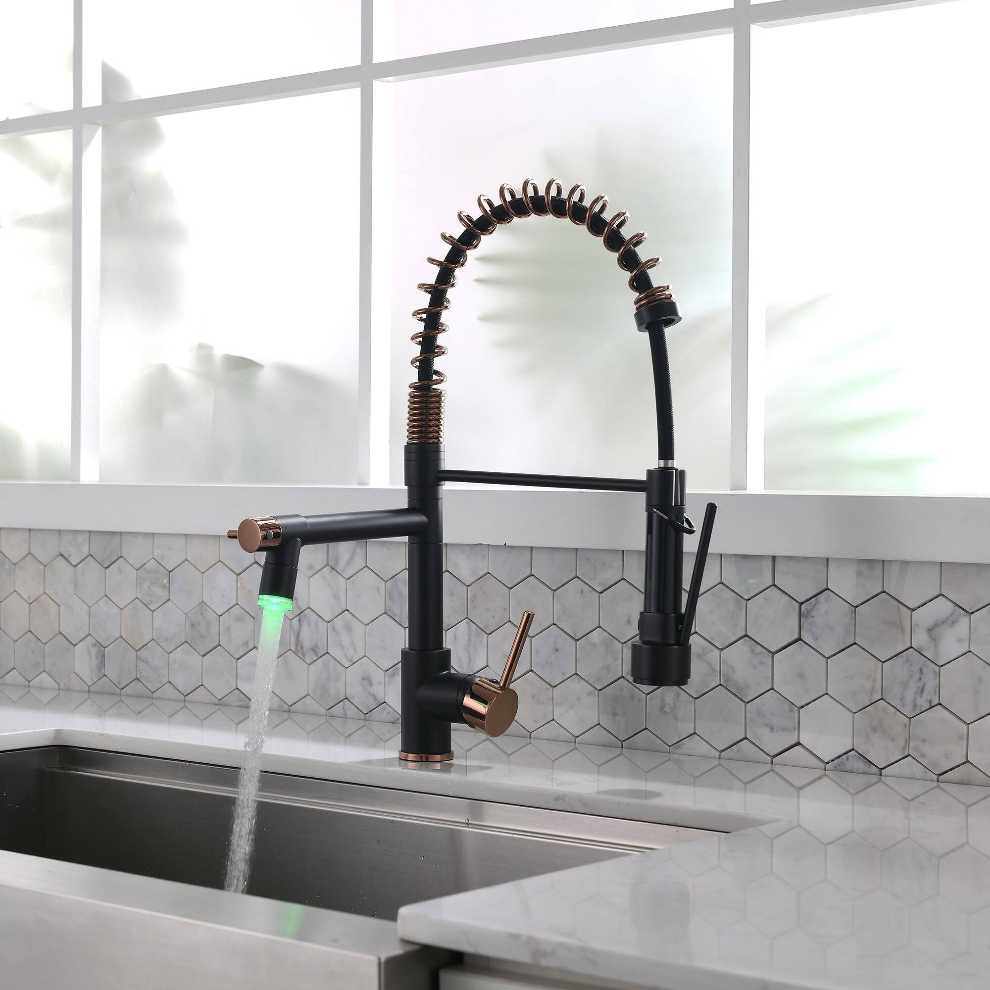 Alt View 9. Boyel Living - Matte Black Rose Gold Single Handle Pull Down Sprayer Kitchen Faucet with LED Light and Pot Filler - Matte Black Mix Rose Gold.