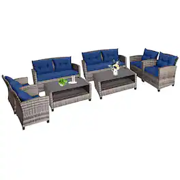 Gymax - 8 PCS Patio Rattan Furniture Set Coffee Table Cushioned Sofa Garden Lawn - Navy