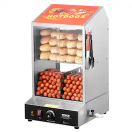 VEVOR - Hot Dog Steamer, 39QT, 2-Tier Hot Dog Hut Steamer, 86℉~185℉ Temperature Control, Electric Bun Warmer with Tempered - Silver