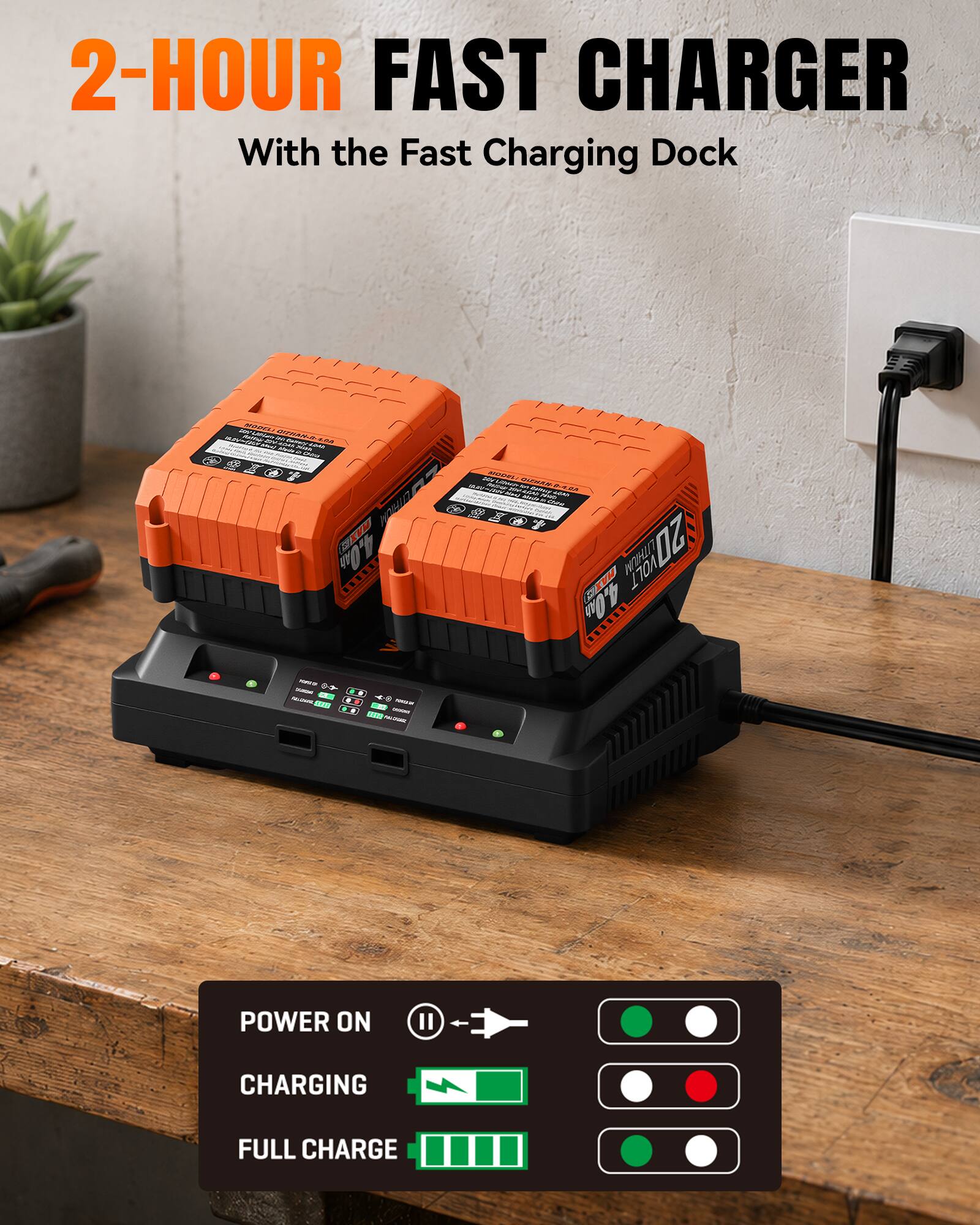 2-HOUR FAST CHARGER  
With the Fast Charging Dock  

POWER ON  
CHARGING  
FULL CHARGE
