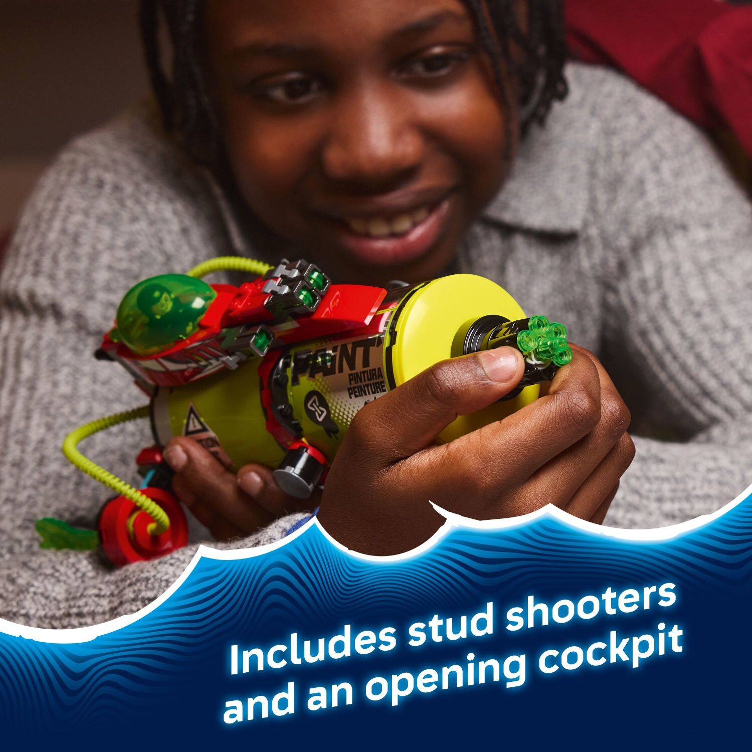 Includes stud shooters and an opening cockpit