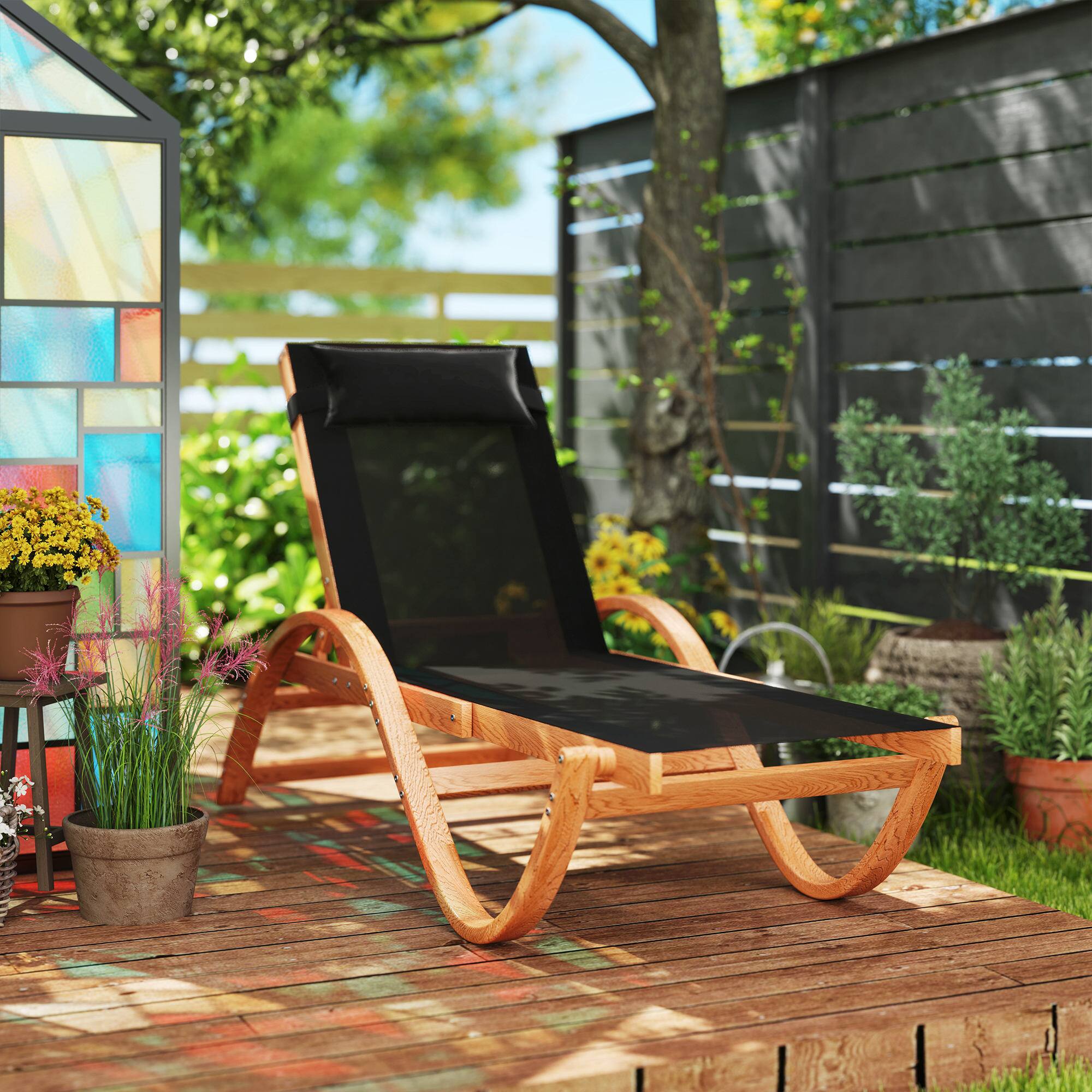 Alt View 7. Outsunny - Larch Wood Lounge Chair, 4-Level Adjustable Tanning Chair, Full Flat Patio Lounger with Mesh Seat - Black.