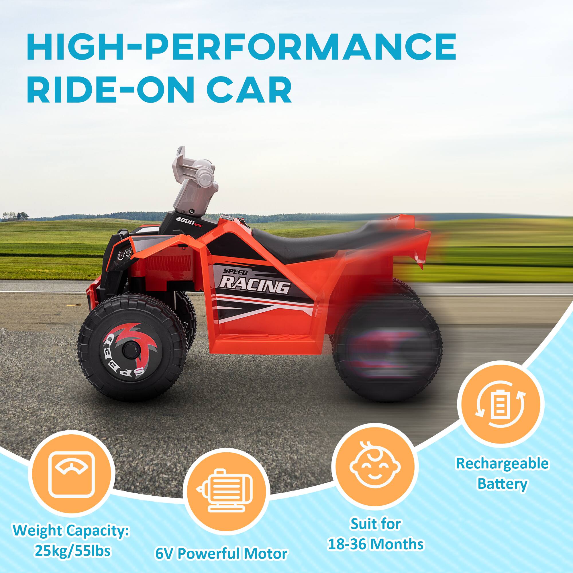 HIGH-PERFORMANCE RIDE-ON CAR

- Weight Capacity: 25kg/55lbs
- 6V Powerful Motor
- Rechargeable Battery
- Suit for 18-36 Months