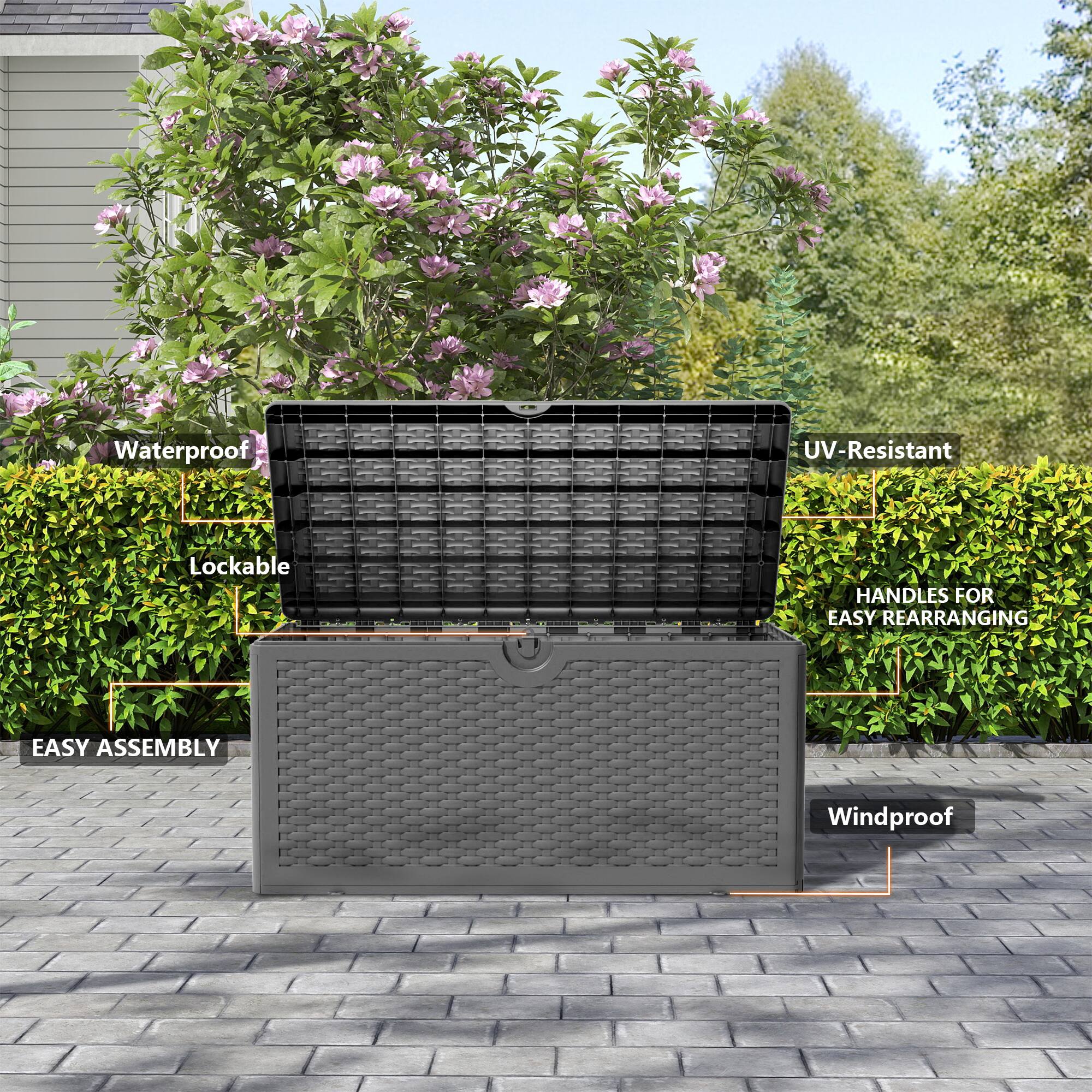 Waterproof  
UV-Resistant  
Lockable  
Handles for Easy Rearranging  
Easy Assembly  
Windproof