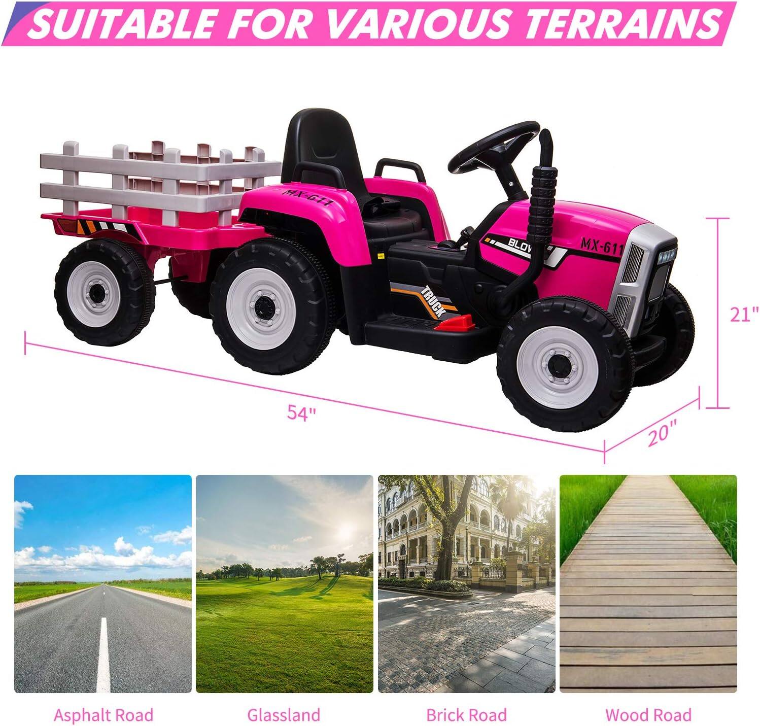 SUITABLE FOR VARIOUS TERRAINS

MX-GT TRUCK BLOV MX-611

21" 54" 20"

Asphalt Road
Glassland
Brick Road
Wood Road