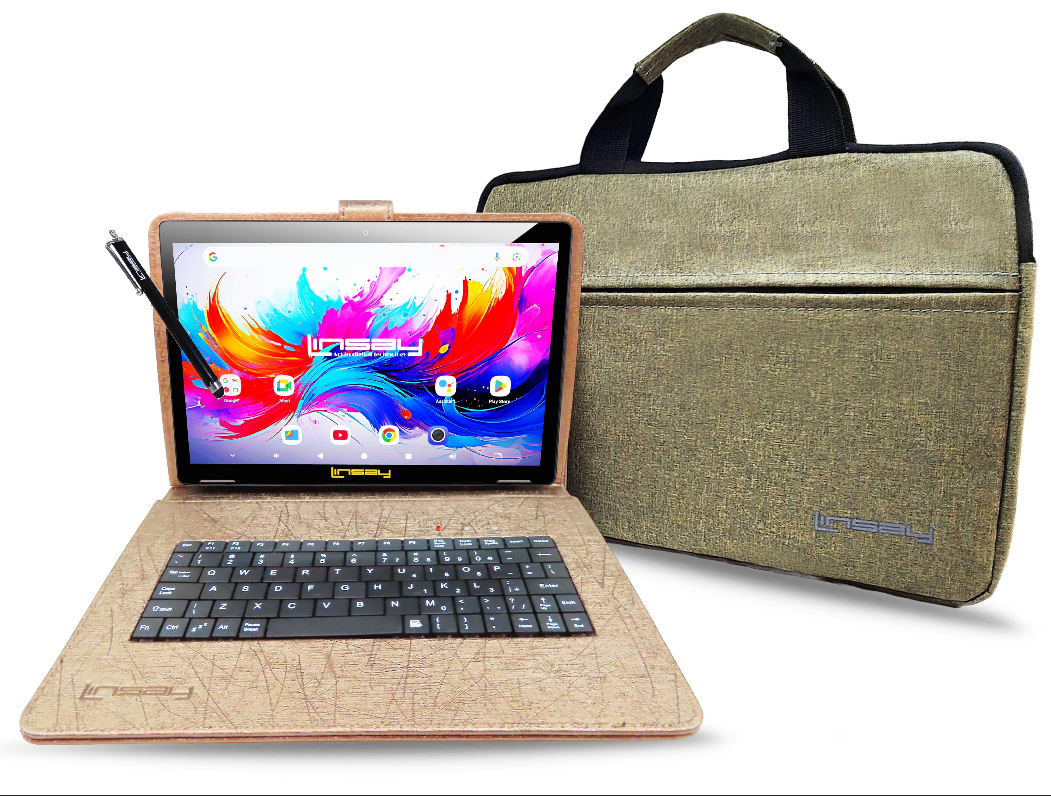 LINSAY - 10.1" Octa Core 256GB Storage Android 15 with Unique Oracle Keyboard Case and Tablet Briefcase - Brown