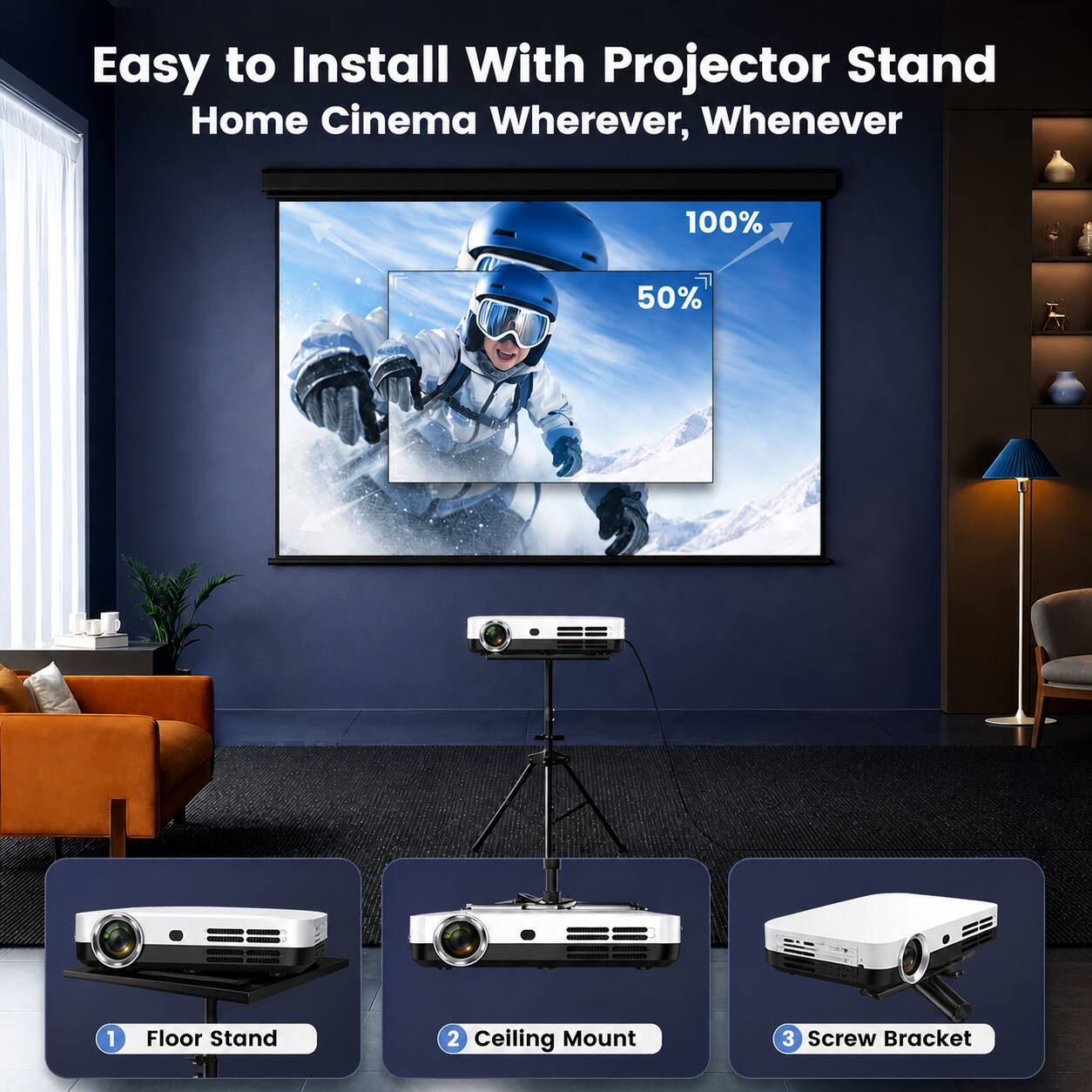 Easy to Install With Projector Stand Home Cinema Wherever, Whenever

1. Floor Stand
2. Ceiling Mount
3. Screw Bracket