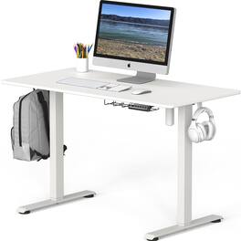 Hirose Alice - SHW 48-Inch Electric Height Adjustable Sit to Stand Desk with Hanging Hooks and Cable Management Frame and Top - White 48-Inch