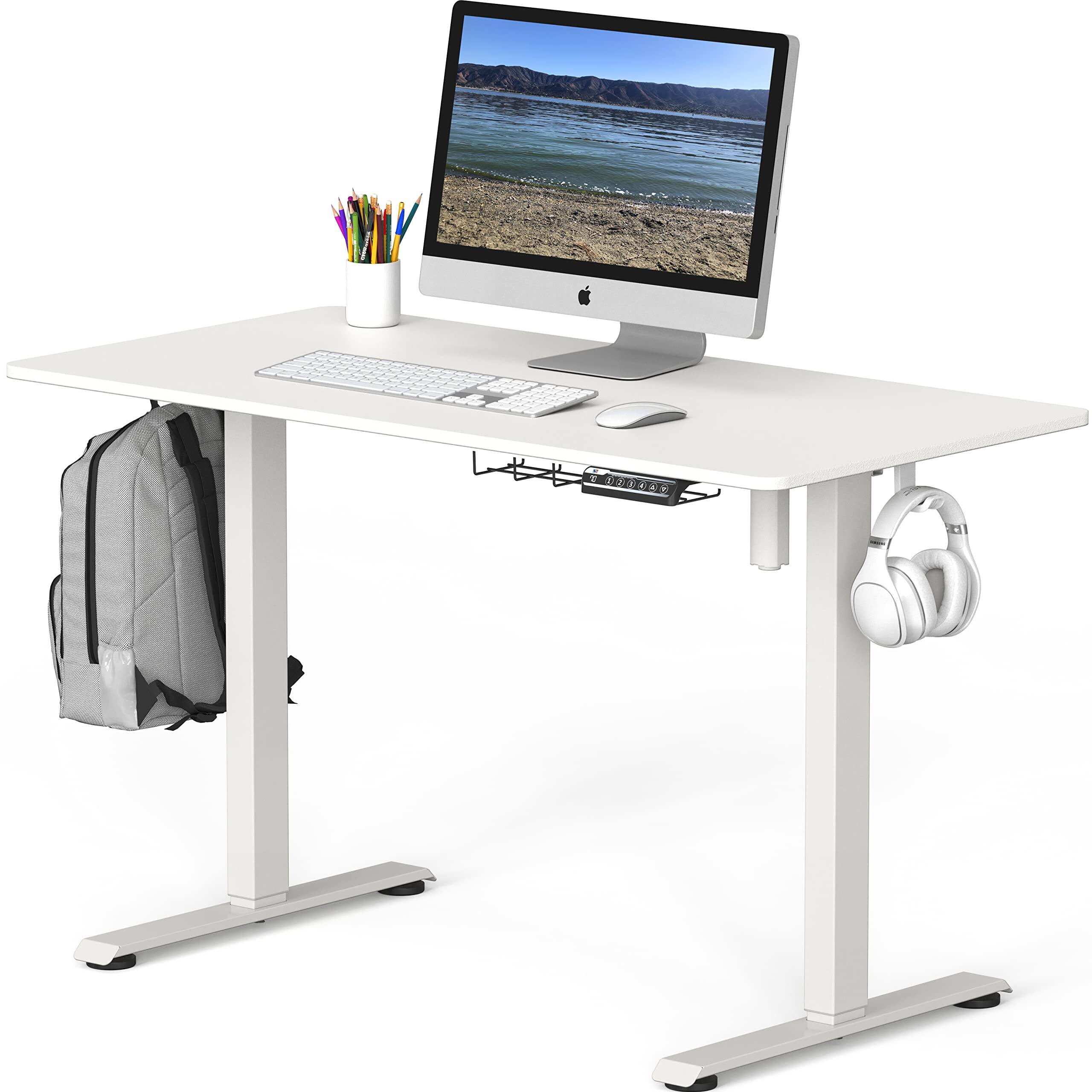 Front. Hirose Alice - SHW 48-Inch Electric Height Adjustable Sit to Stand Desk with Hanging Hooks and Cable Management Frame and Top - White 48-Inch.
