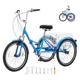 VEVOR - Folding Adult Tricycle, 24-Inch 7-Speed Adult Folding Trikes, Carbon Steel 3 Wheel Cruiser Bike with Basket - Blue