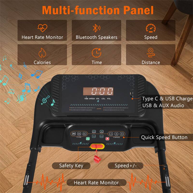 Multi-function Panel Heart Rate Monitor Bluetooth Speakers Speed Calories Time Distance TIME SPEED DIS CAL PUL Type C & USB Charge USB & AUX Audio - VOL 3 6 SPEES Quick Speed Button Safety Key Speed+, + /- Heart Rate Monitor
