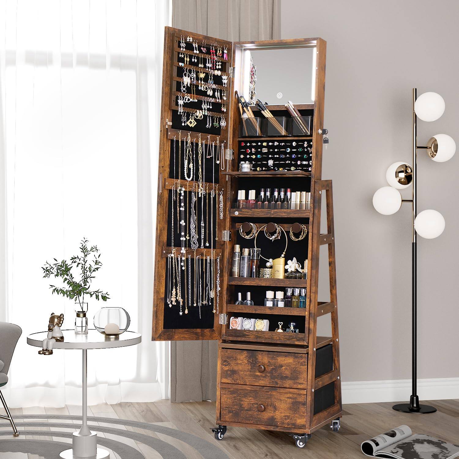 Alt View 2. Cedar Assembly - Rotating Cabinet With Vanity Mirror Full Length Storage Armoire Lockable Organizer Standing Drawers Wheels ... - Off White 63*16+LED Lights.