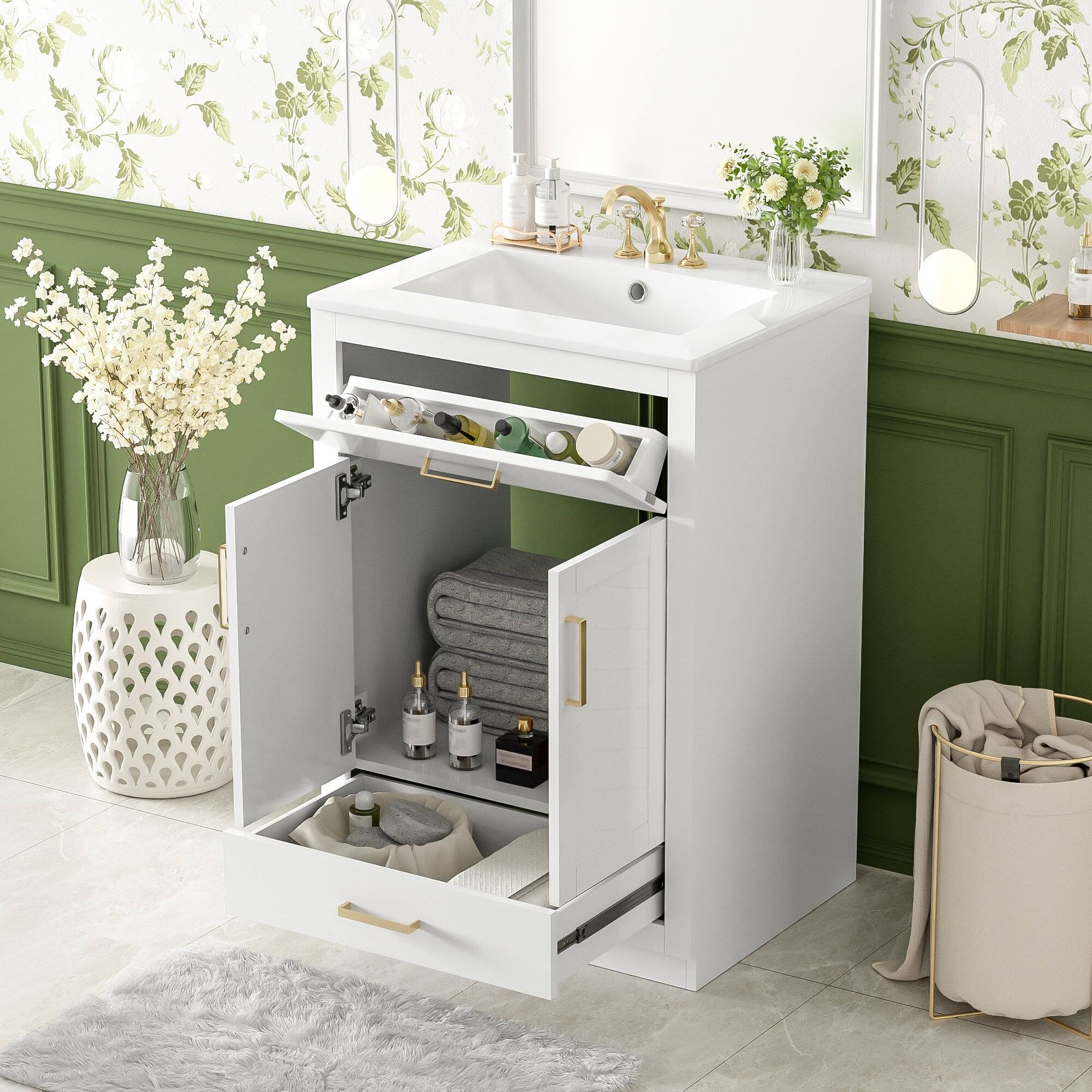 Alt View 2. Boyel Living - 24 Inch Bathroom Vanity with Integrated Ceramic Sink and Storage White - White.