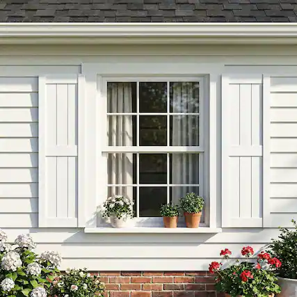 Front. Kadyn - Vertical Grain Faux Shutters, Weather-Resistant Elegance, for Enhanced Curb Appeal, 14"x31", White - White.