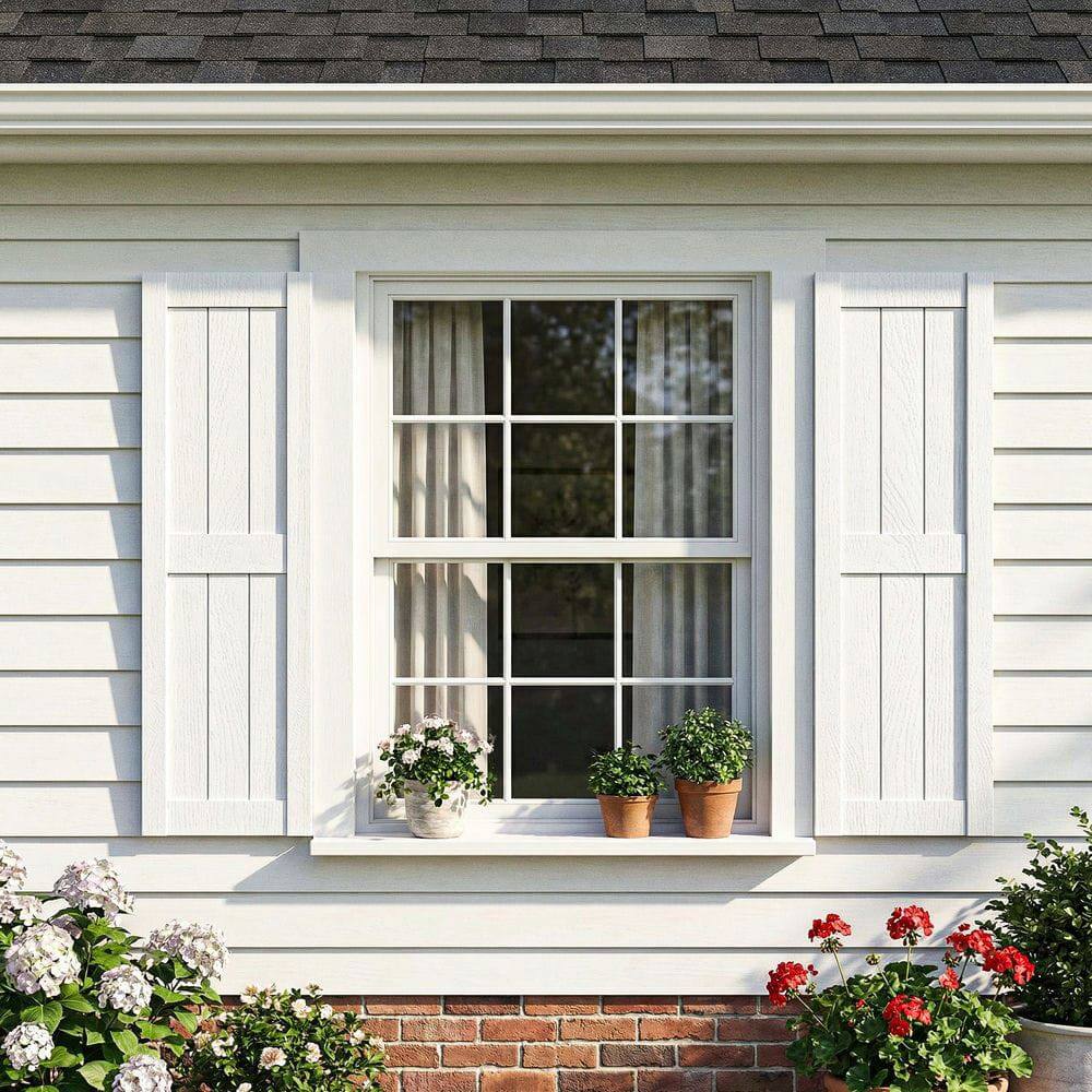 Front. Kadyn - Vertical Grain Faux Shutters, Weather-Resistant Elegance, for Enhanced Curb Appeal, 14"x31", White - White.