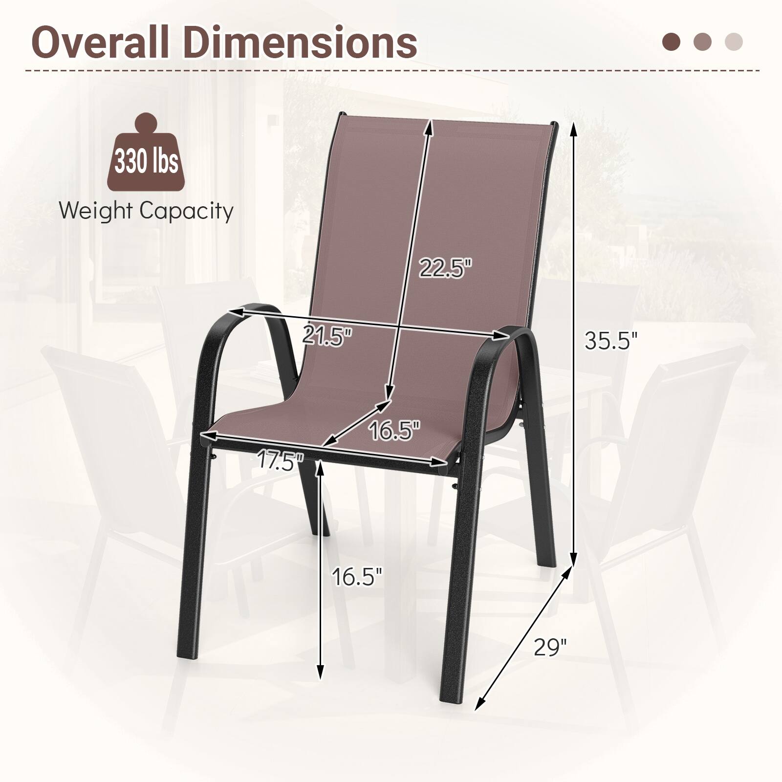 Overall Dimensions

Weight Capacity: 330 lbs

Dimensions:
- 22.5" (Width)
- 21.5" (Depth)
- 35.5" (Height)
- 17.5" (Seat Height)
- 16.5" (Seat Depth)
- 16.5" (Armrest Height)
- 29" (Leg Height)