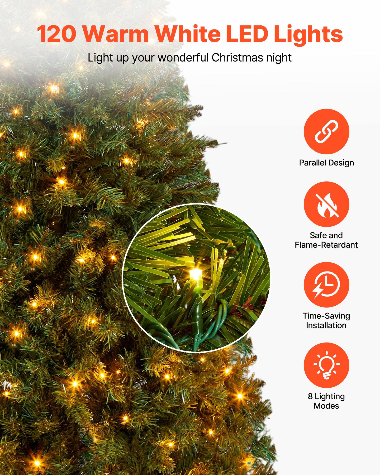 120 Warm White LED Lights  
Light up your wonderful Christmas night  

- Parallel Design  
- Safe and Flame-Retardant  
- Time-Saving Installation  
- 8 Lighting Modes