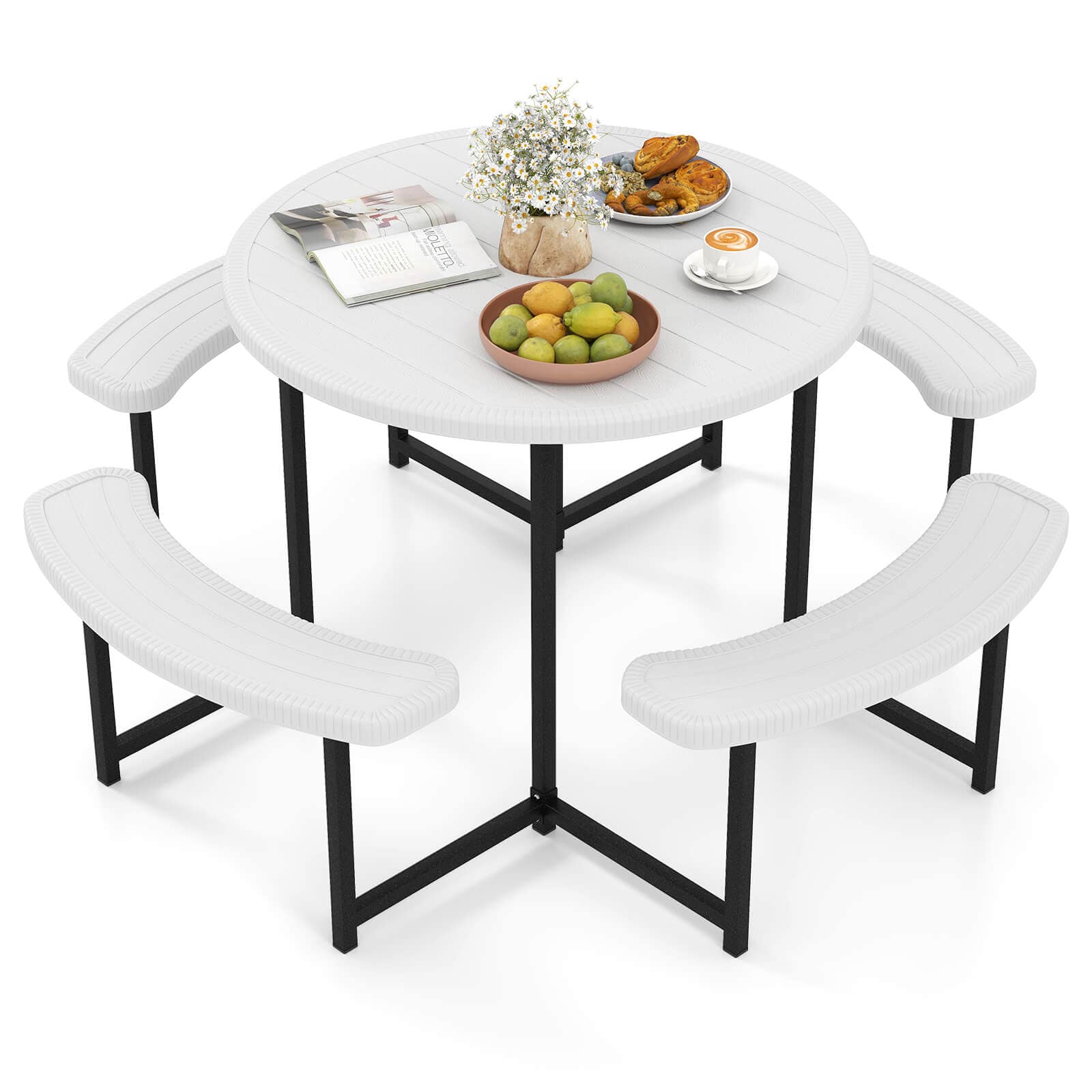 Costway - Round Picnic Table Bench Set with 4 Benches Umbrella Hole All Weather Tabletop - White price history on PriceWatchPro