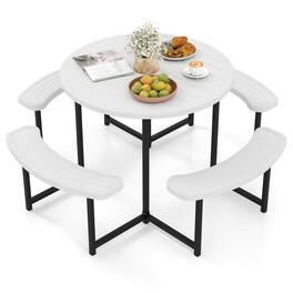 Costway - Round Picnic Table Bench Set with 4 Benches Umbrella Hole All Weather Tabletop - White