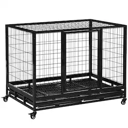 Pawhut - 43" Heavy Duty Dog Crate, Indestructible for large Dogs, Removable Tray, Lockable Wheels, Double Door