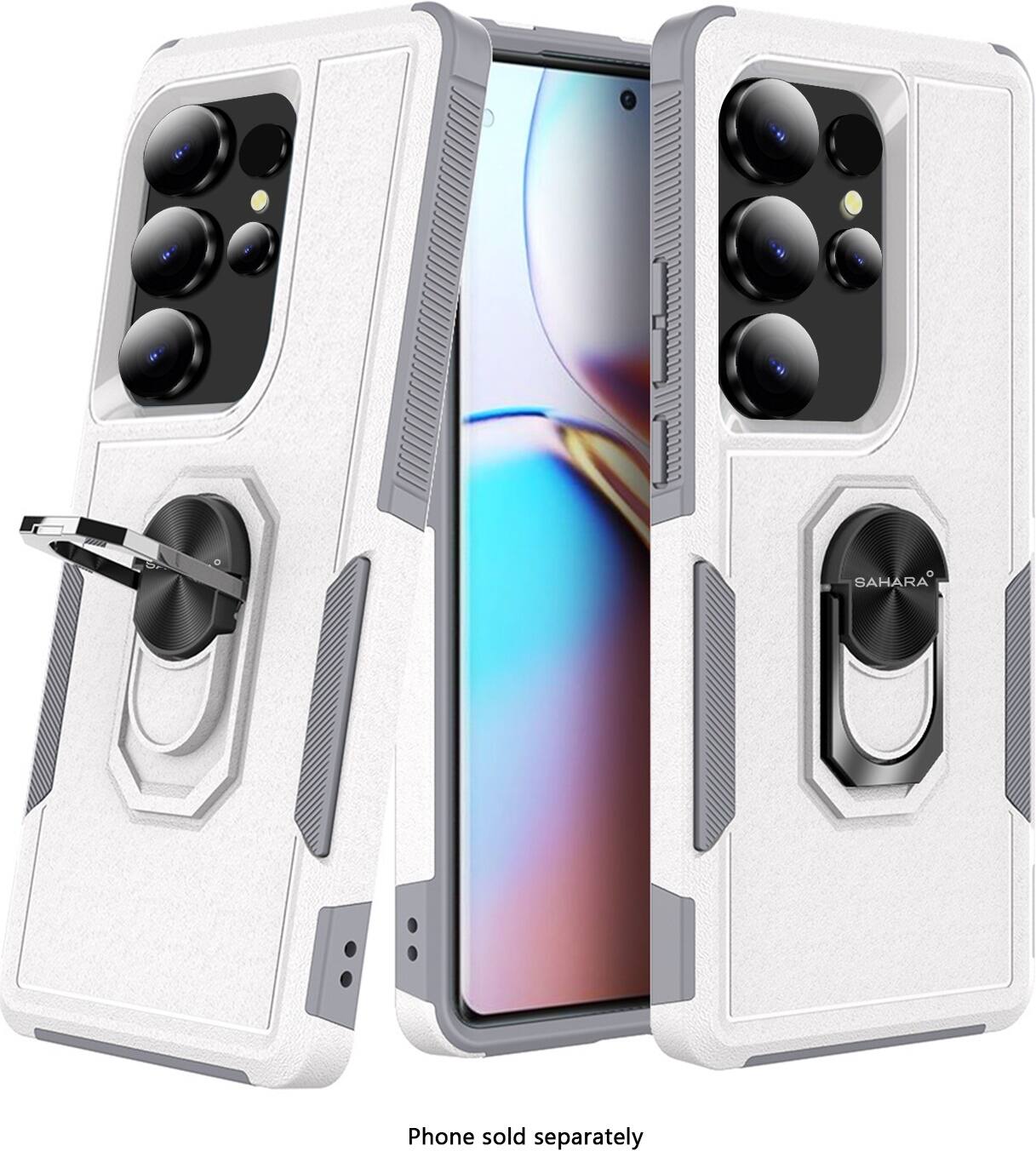 The image shows a phone case with a phone inside it. The phone case is white and has a sliding design. The phone is placed in the middle of the case, and it is surrounded by a total of 14 camera lenses. The case is designed to protect the phone and provide easy access to the camera lenses. The phone is sold separately, and the case is available for purchase.