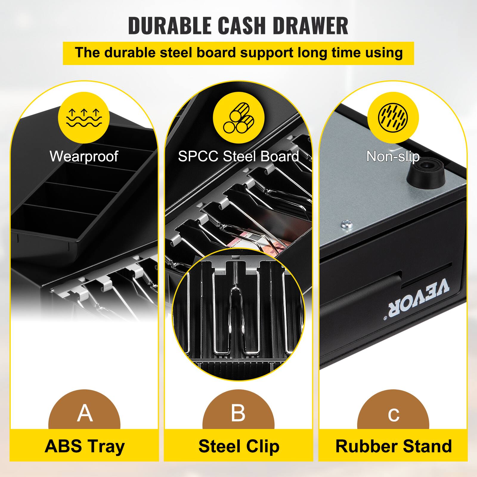 DURABLE CASH DRAWER

The durable steel board support long time using

- Wearproof
- SPCC Steel Board
- Non-slip

A. ABS Tray
B. Steel Clip
C. Rubber Stand
