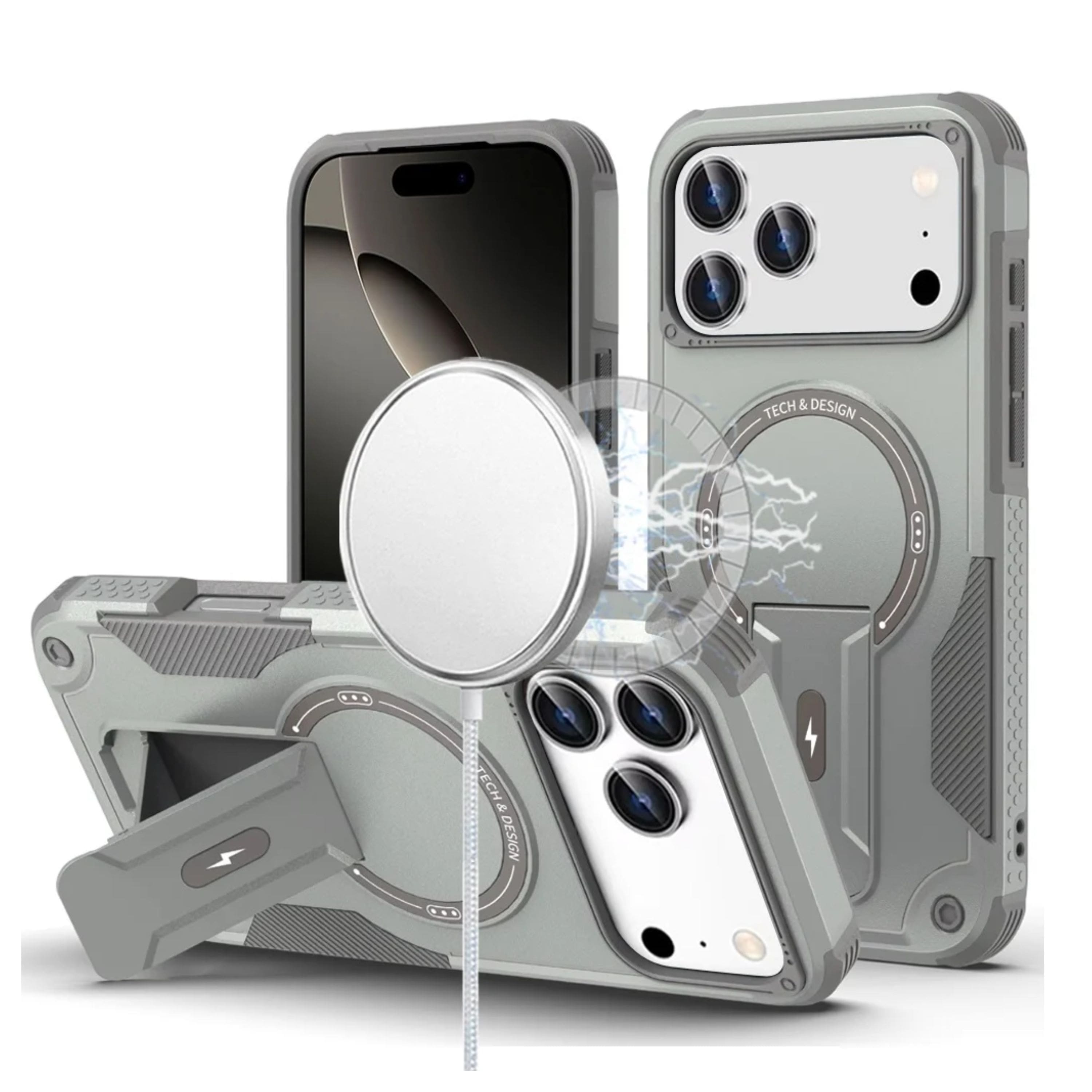 Kitcheniva - Matte Finish Shockproof Magnetic Circle Rugged Grip Kickstand Phone Case With Tempered Glass For iPhone 17 Pro Max Grey - Gray price history on PriceWatchPro