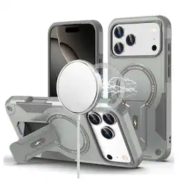Kitcheniva - Matte Finish Shockproof Magnetic Circle Rugged Grip Kickstand Phone Case With Tempered Glass For iPhone 17 Pro Max Grey - Gray