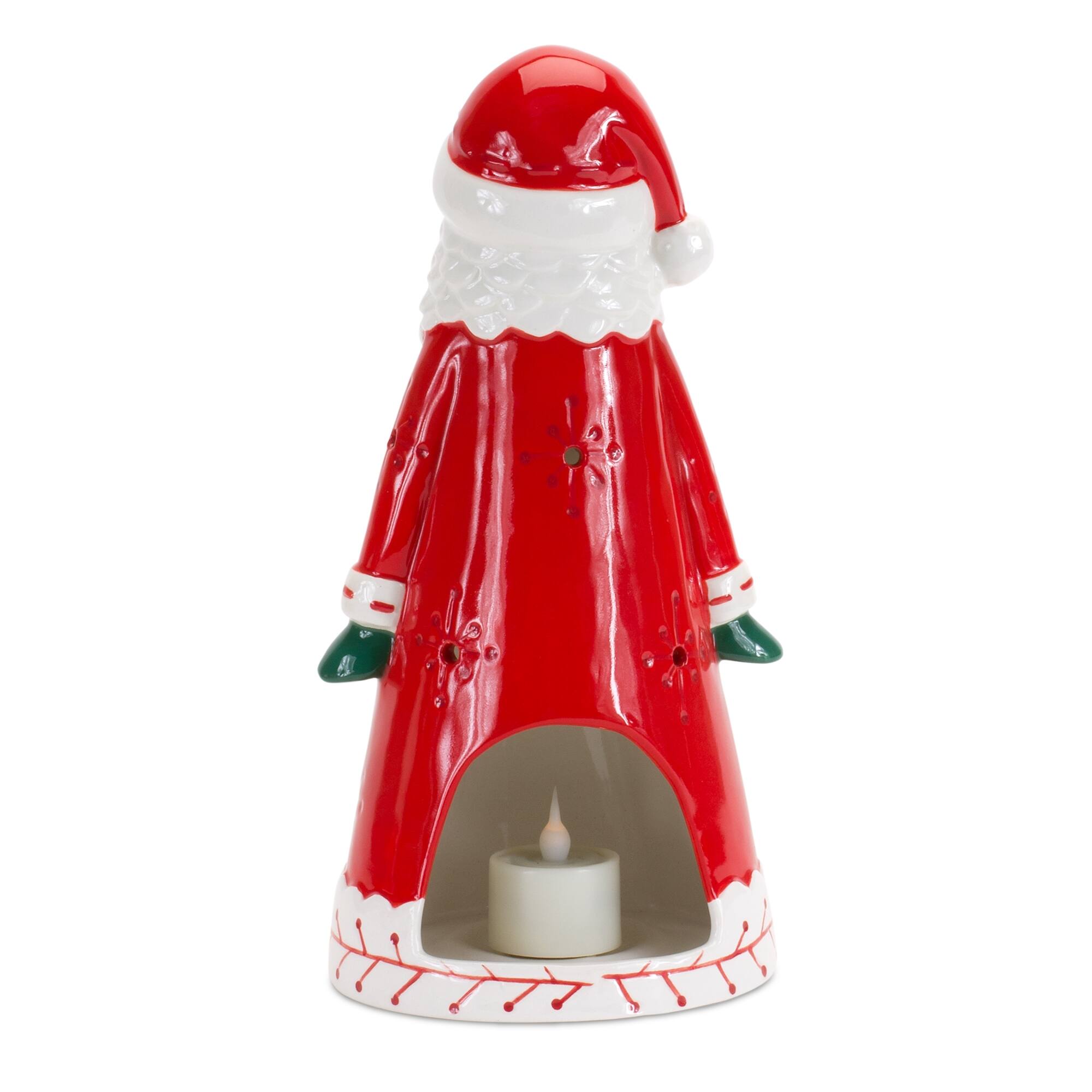 Left. BreeBe - Ceramic Santa Tea Light Holder 10.25"H - Green, White.