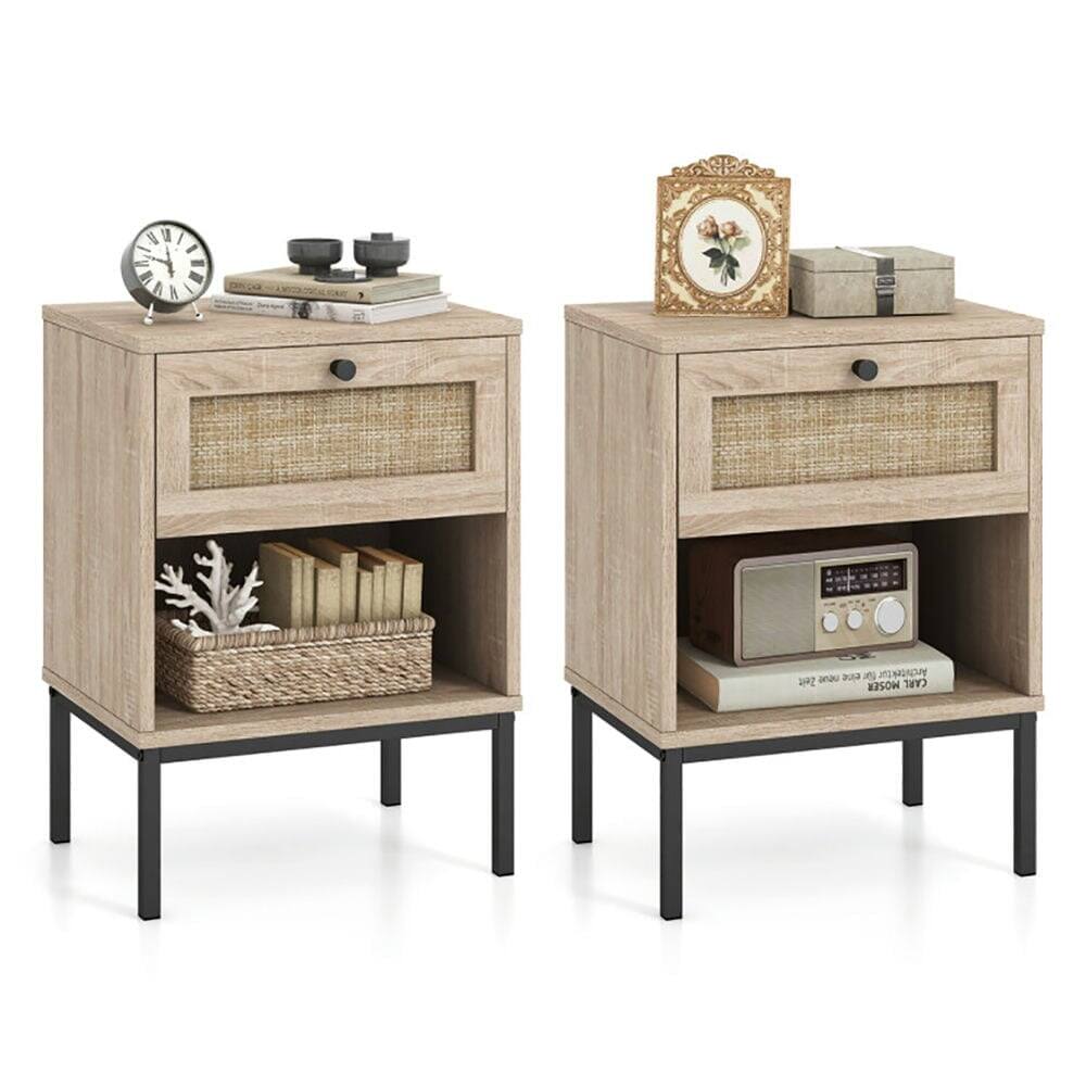 Kadyn - Nightstand, Night Stand,Rattan Nightstand Boho End Table with Rattan Drawer and Open Shelf Set of 2-Oak - Brown