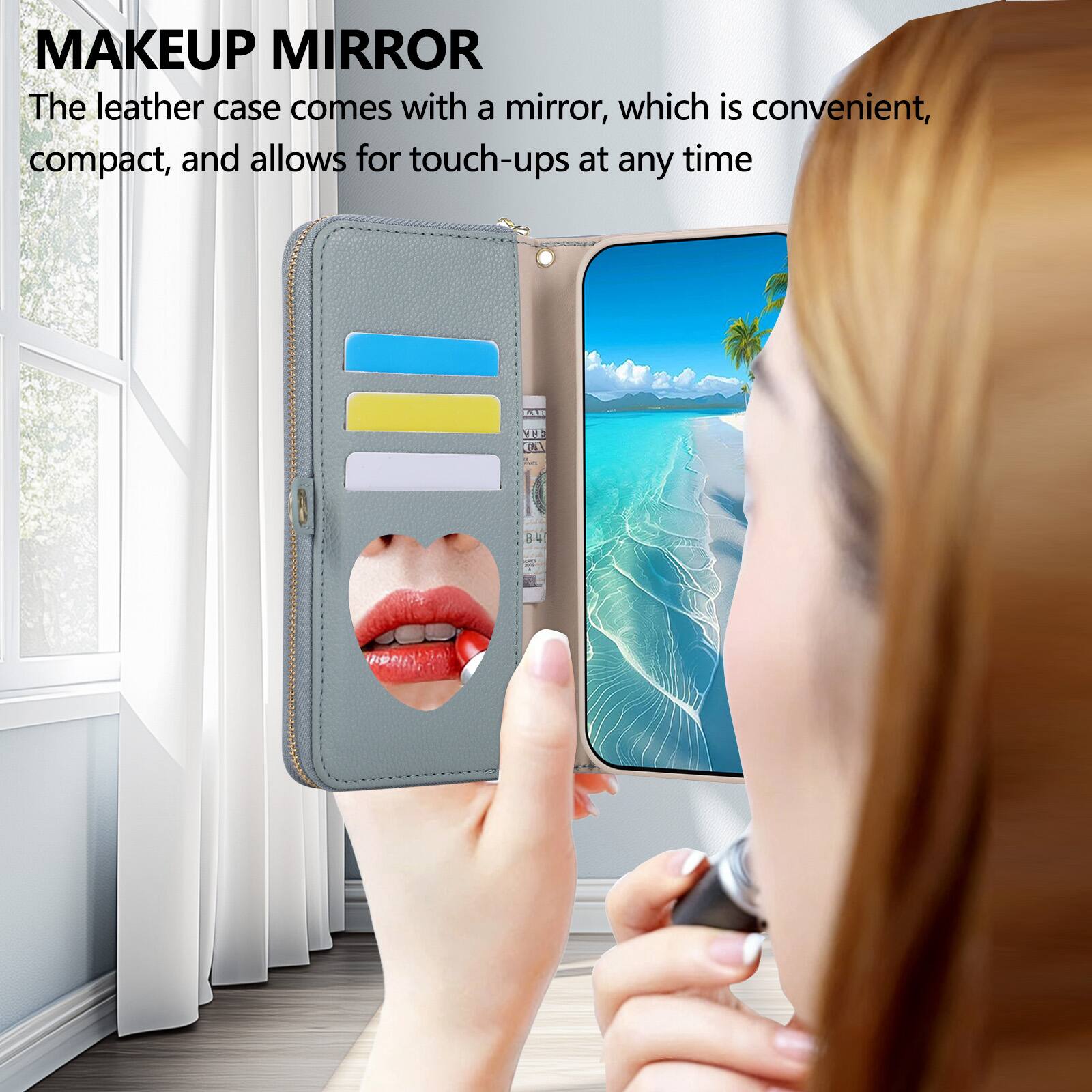 MAKEUP MIRROR  
The leather case comes with a mirror, which is convenient, compact, and allows for touch-ups at any time