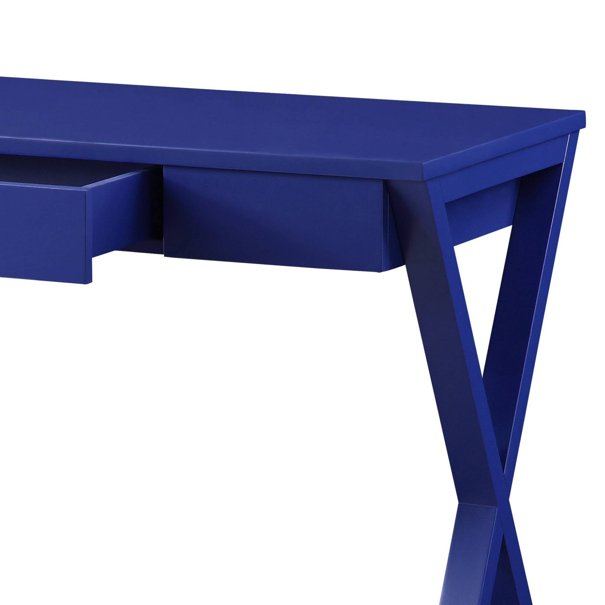 Left. GOODSILO - Modern Twilight Blue Finish Writing Desk with Storage Drawer and X-Shaped Base for Home Office Workspace - Blue.