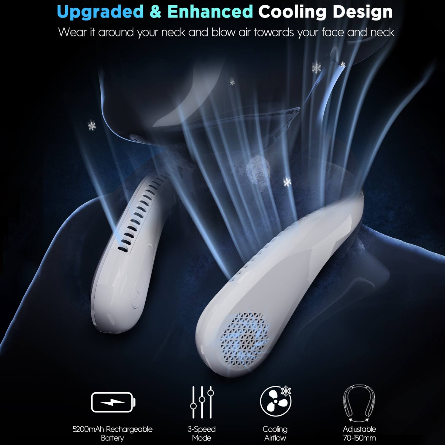 Upgraded & Enhanced Cooling Design  
Wear it around your neck and blow air towards your face and neck  

- 5200mAh Rechargeable Battery  
- 3-Speed Mode  
- Cooling Airflow  
- Adjustable 70-150mm