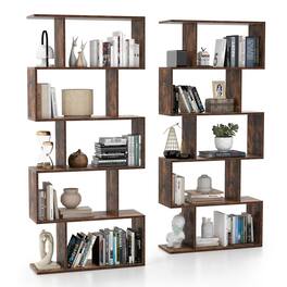 Costway - 2 PCS 5-Tier Bookshelf Geometric S-Shaped Bookcase Room Divider Storage Display - Rustic Brown