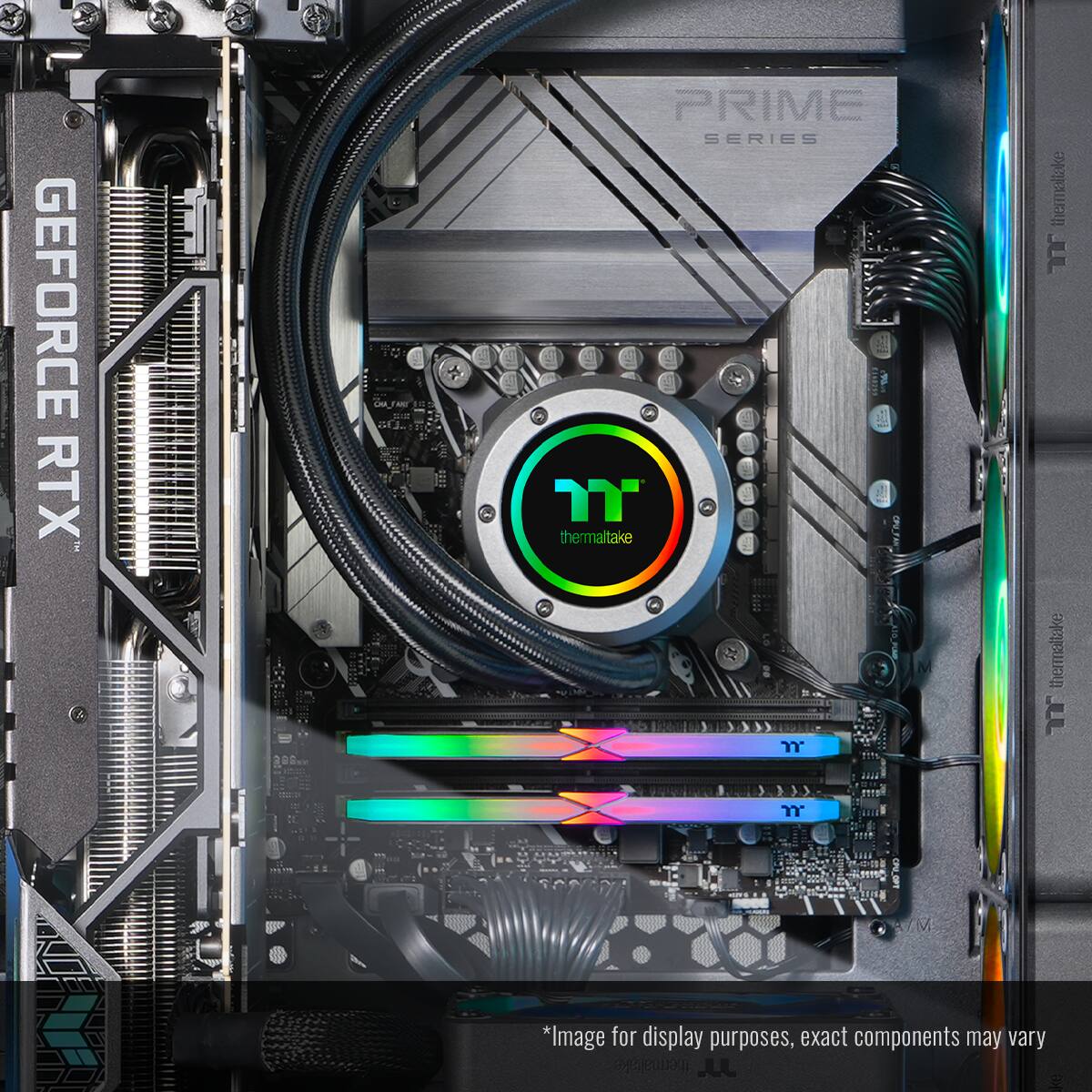 The text on the image reads: "GEFORCE RTX PRIME SERIES SLIM" and "thermaltake".