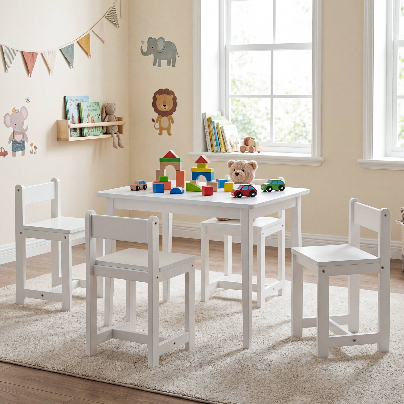 Alt View 4. Gymax - Gymax 5-Piece Kids Table and Chairs Set Solid Rubber Wood Toddler Activity Table White - White.