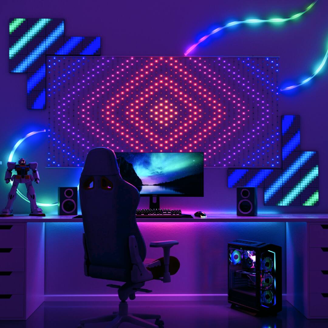 Angle. Twinkly - 3-in-1 Gaming / Streaming Battlestation Bundle w/HD Matrix Lighting, Pixel Art Squares & Light Strip - Multicolor.