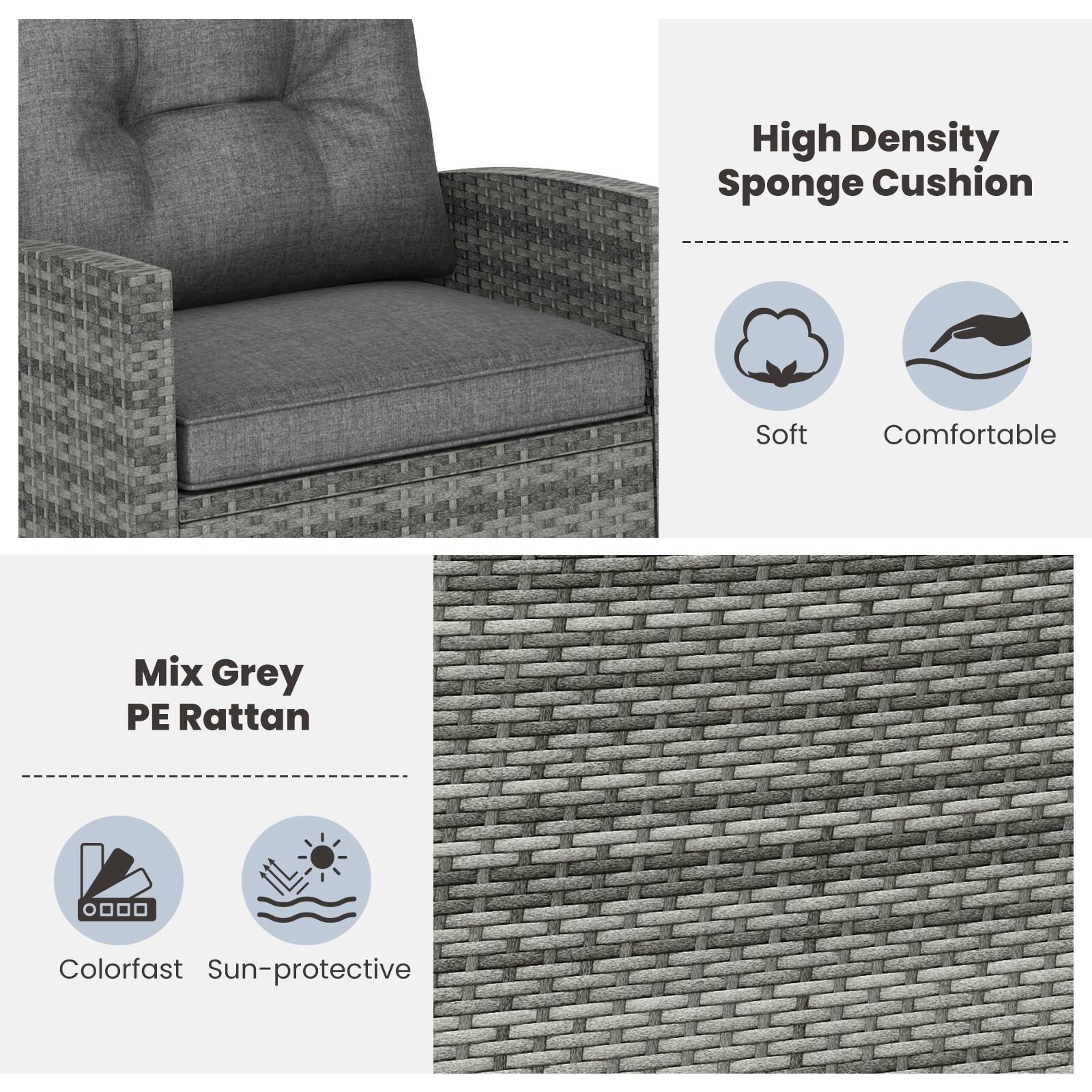 High Density Sponge Cushion, Soft, Comfortable, Mix Grey PE Rattan, Colorfast, Sun-protective