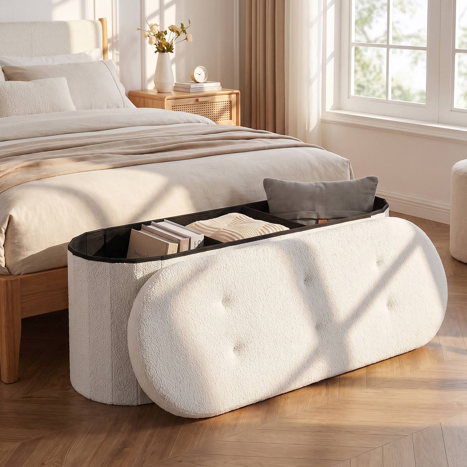 Alt View 3. Costway - Costway Storage Ottoman Bench 43" Oval Ottoman with Dividers Folding Teddy Boucle Footrest - White.