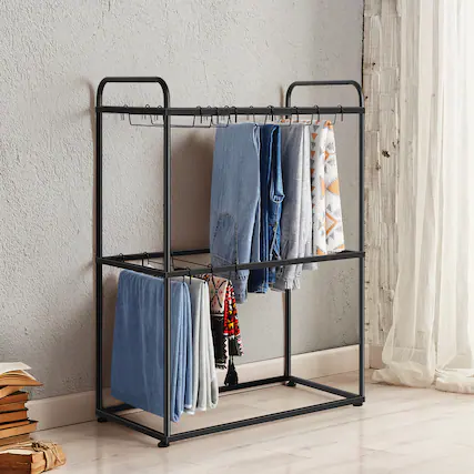 Front. Oumilen - 2-Tier Black Metal Pants & Towel Rack with 26 Hangers - Black.