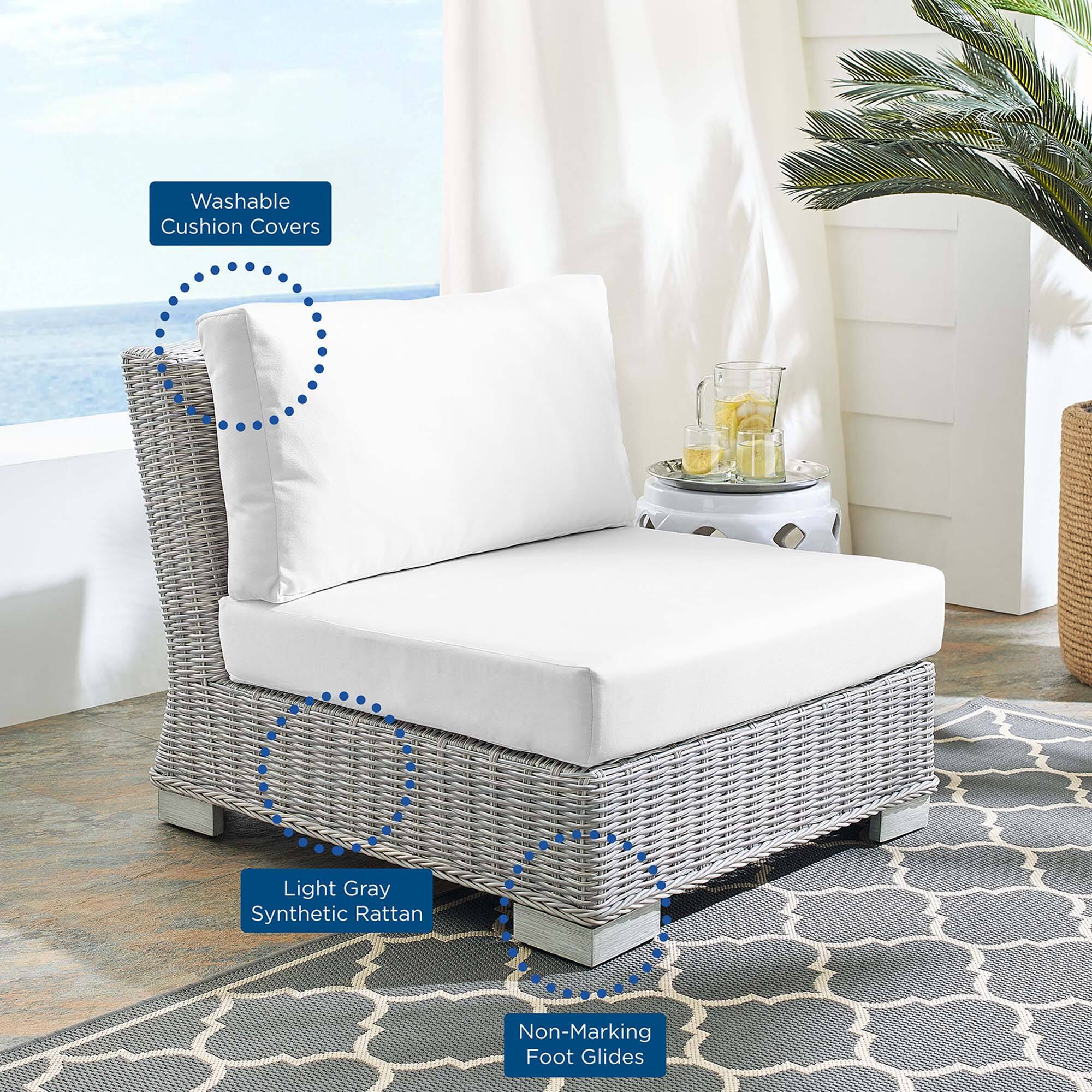 - Washable Cushion Covers
- Light Gray Synthetic Rattan
- Non-Marking Foot Glides