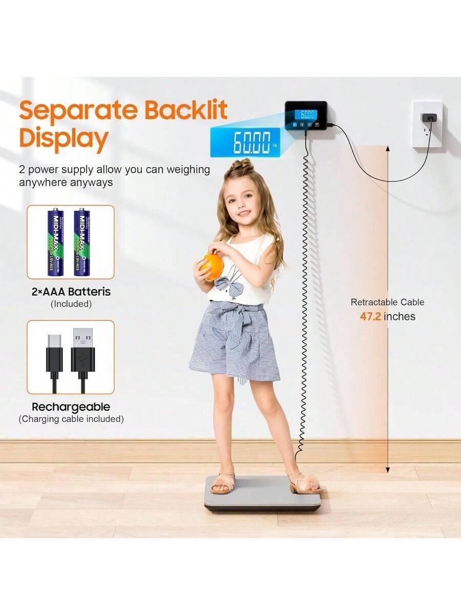 Separate Backlit Display  
2 power supply allow you to weigh anywhere anyways  

2xAAA Batteries (Included)  

Retractable Cable 47.2 inches  

Rechargeable (Charging cable included)