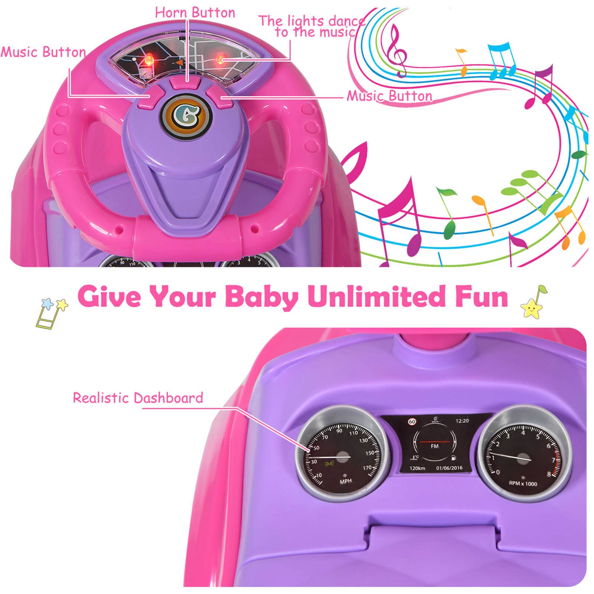 - Music Button
- Horn Button
- The lights dance to the music
- Music Button
- Give Your Baby Unlimited Fun
- Realistic Dashboard

12:20
90 110
130 50
150 10
170
1000
120km
01/06/2016
FM
$2
2
4
E
5
KPM
1000