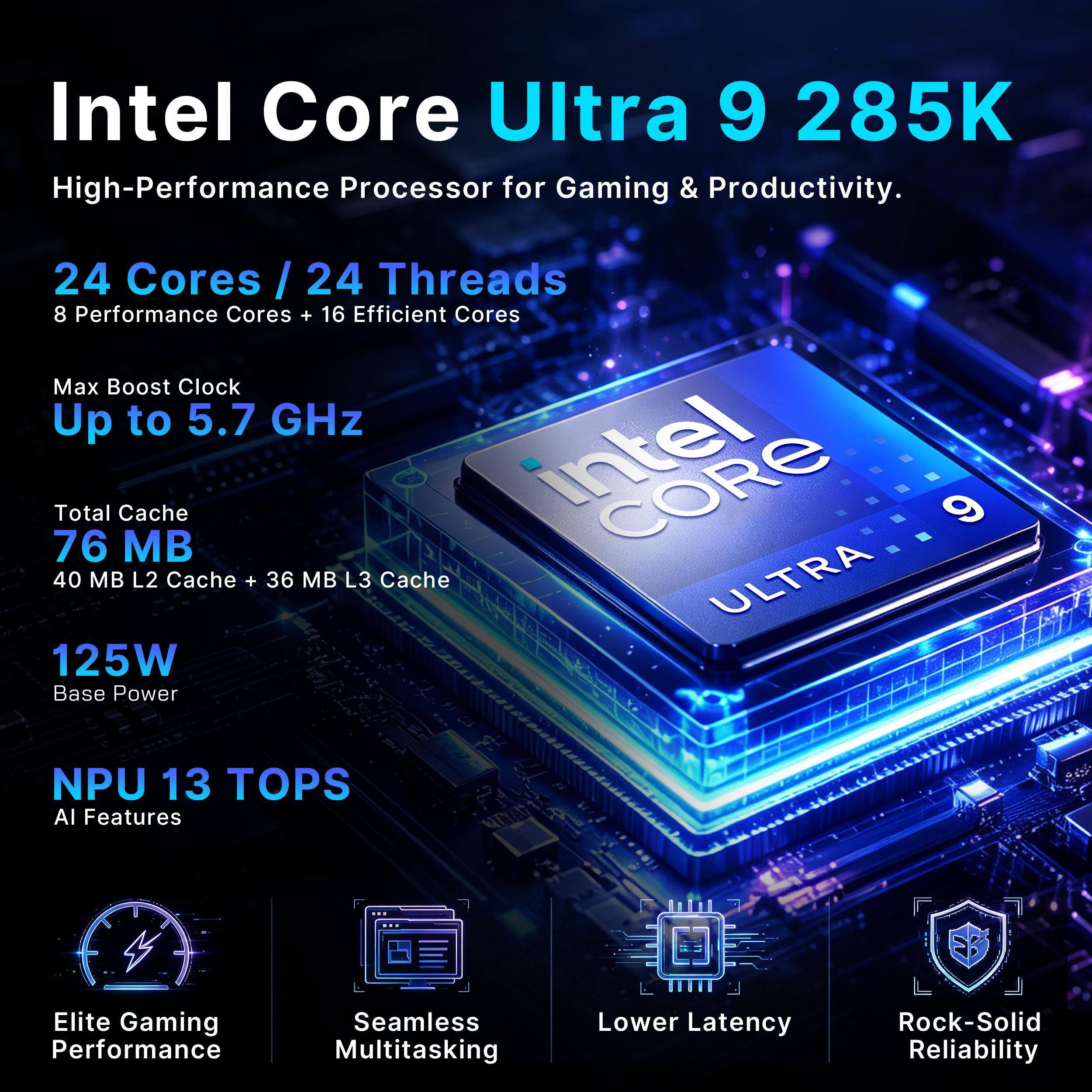 Intel Core Ultra 9 285K High-Performance Processor for Gaming & Productivity.

24 Cores / 24 Threads  
8 Performance Cores + 16 Efficient Cores  
Max Boost Clock Up to 5.7 GHz  
Total Cache 76 MB (40 MB L2 Cache + 36 MB L3 Cache)  
125W Base Power  
NPU 13 TOPS AI Features  

Elite Gaming Performance  
Seamless Multitasking  
Lower Latency  
Rock-Solid Reliability