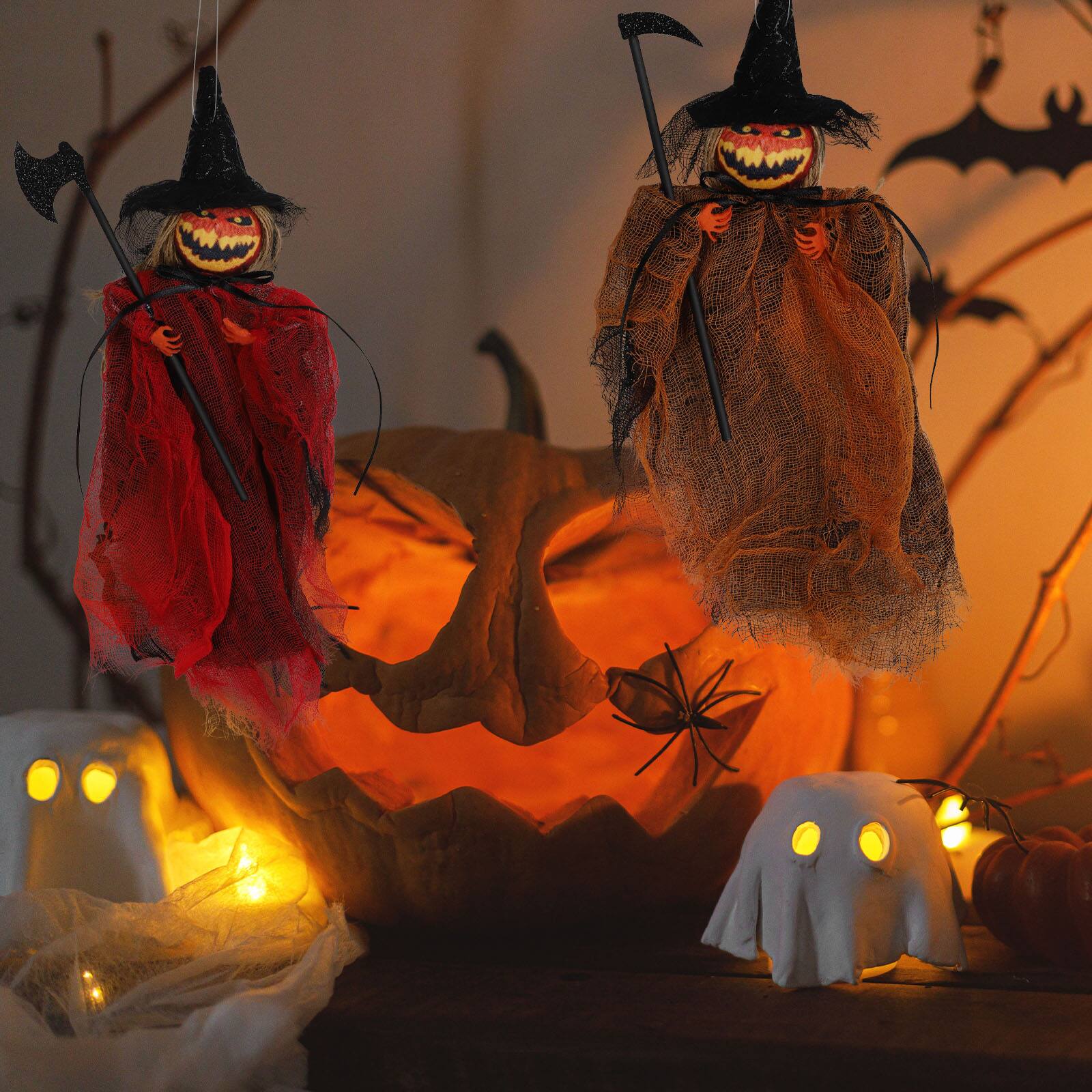 Alt View 3. Oumilen - 12.2 Inch Halloween Hanging Pumpkin Reaper Ornament, Spooky Scarecrow Pendant with Scythe for Door Wall Decor, Orange - Orange.