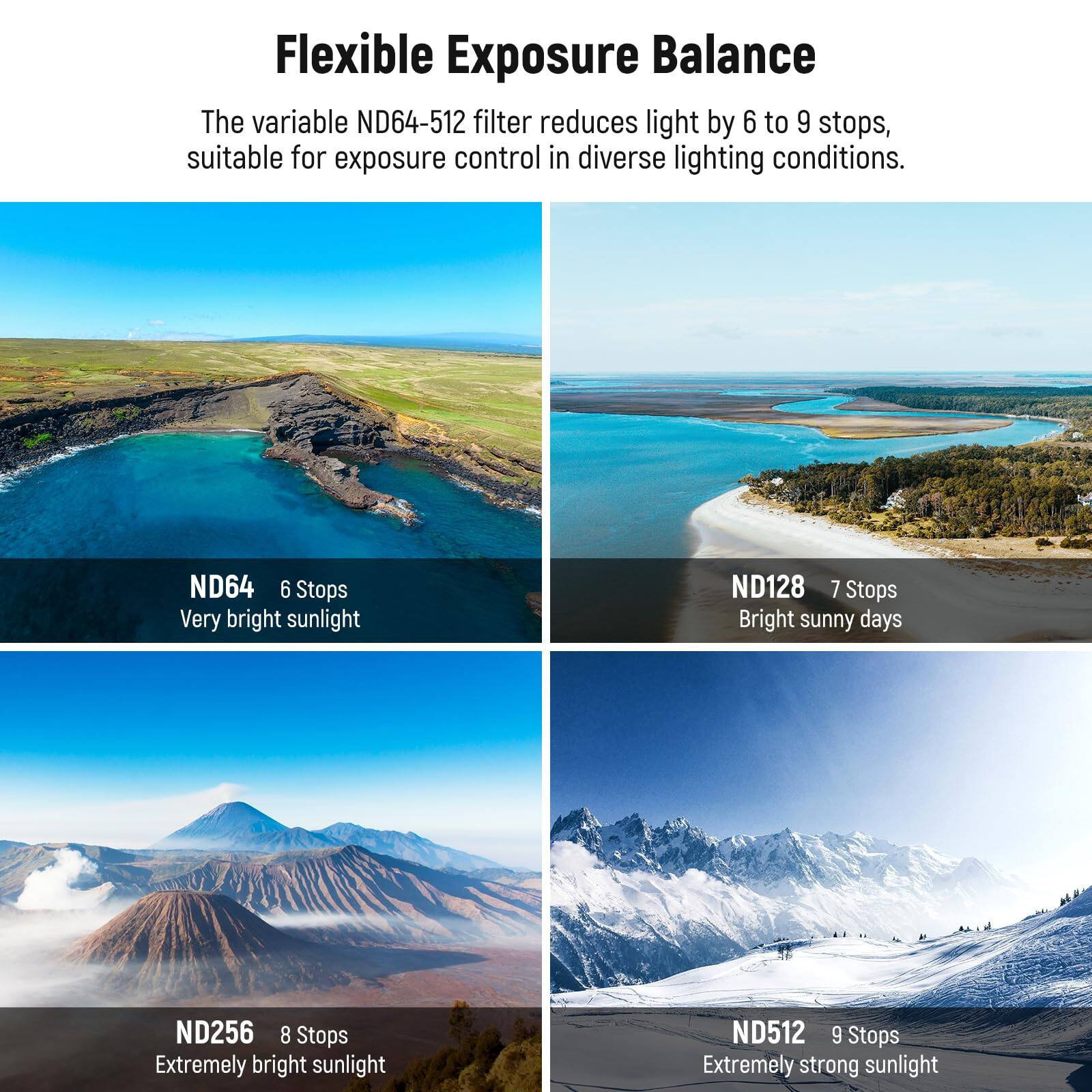 Flexible Exposure Balance

The variable ND64-512 filter reduces light by 6 to 9 stops, suitable for exposure control in diverse lighting conditions.

- ND64: 6 Stops - Very bright sunlight
- ND128: 7 Stops - Bright sunny days
- ND256: 8 Stops - Extremely bright sunlight
- ND512: 9 Stops - Extremely strong sunlight