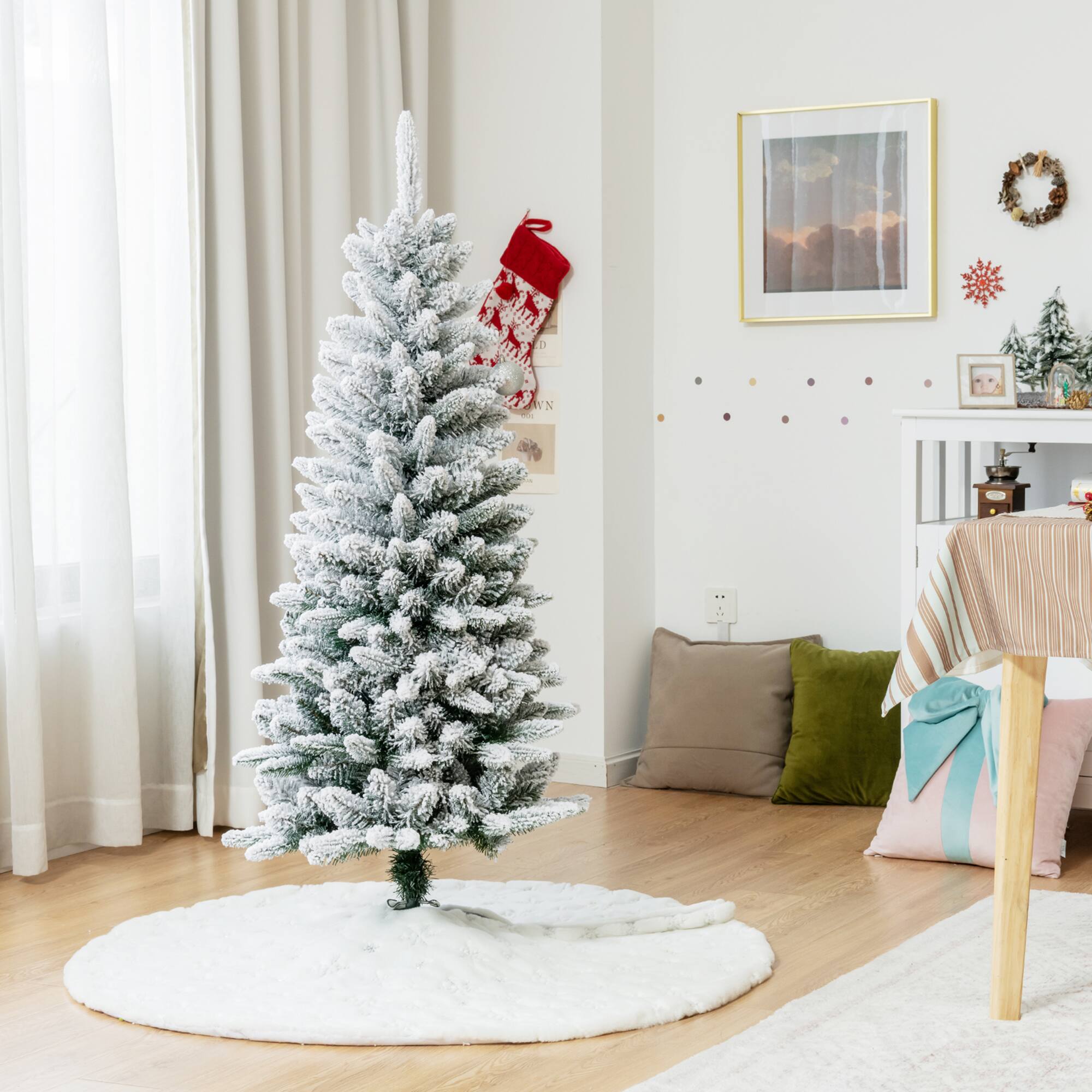 Alt View 3. Gymax - Gymax 4.5 FT Artificial Slim Christmas Tree Unlit Snow-Flocked Xmas Pencil Tree - White.