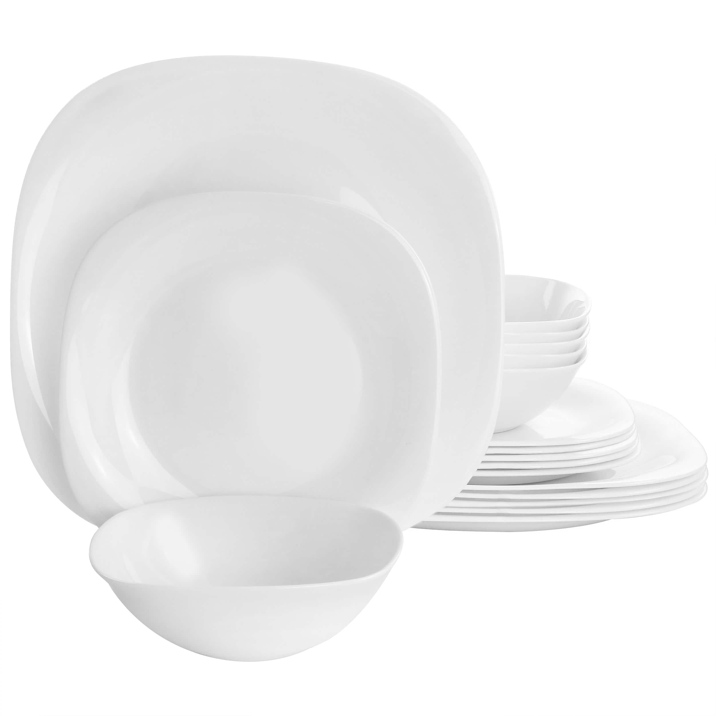 Gibson - Ultra Piazza 18 Piece Soft Square Tempered Opal Glass Dinnerware Set - White