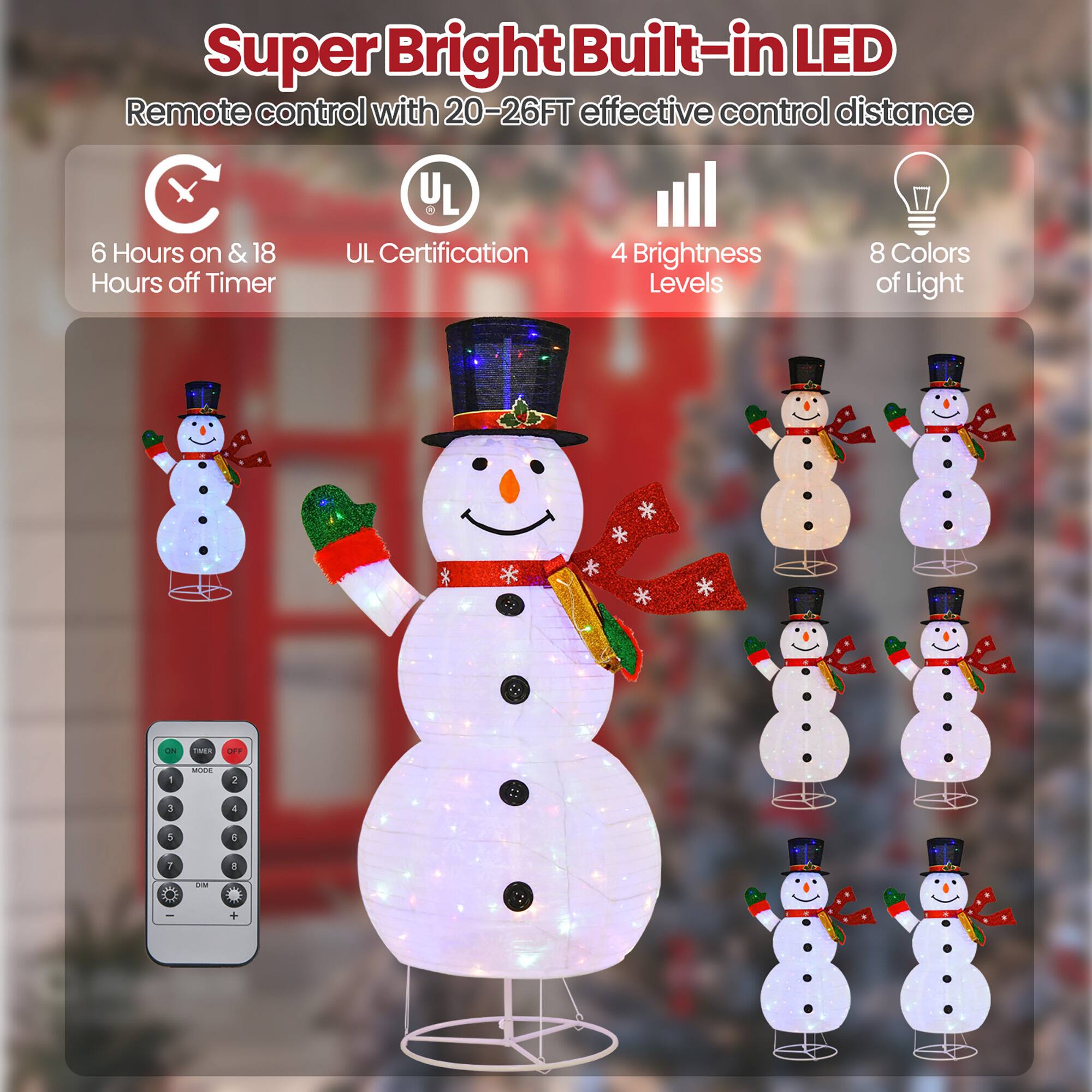 Super Bright Built-in LED  
Remote control with 20-26FT effective control distance  

6 Hours on & 18 Hours off Timer  
UL Certification  
4 Brightness Levels  
8 Colors of Light