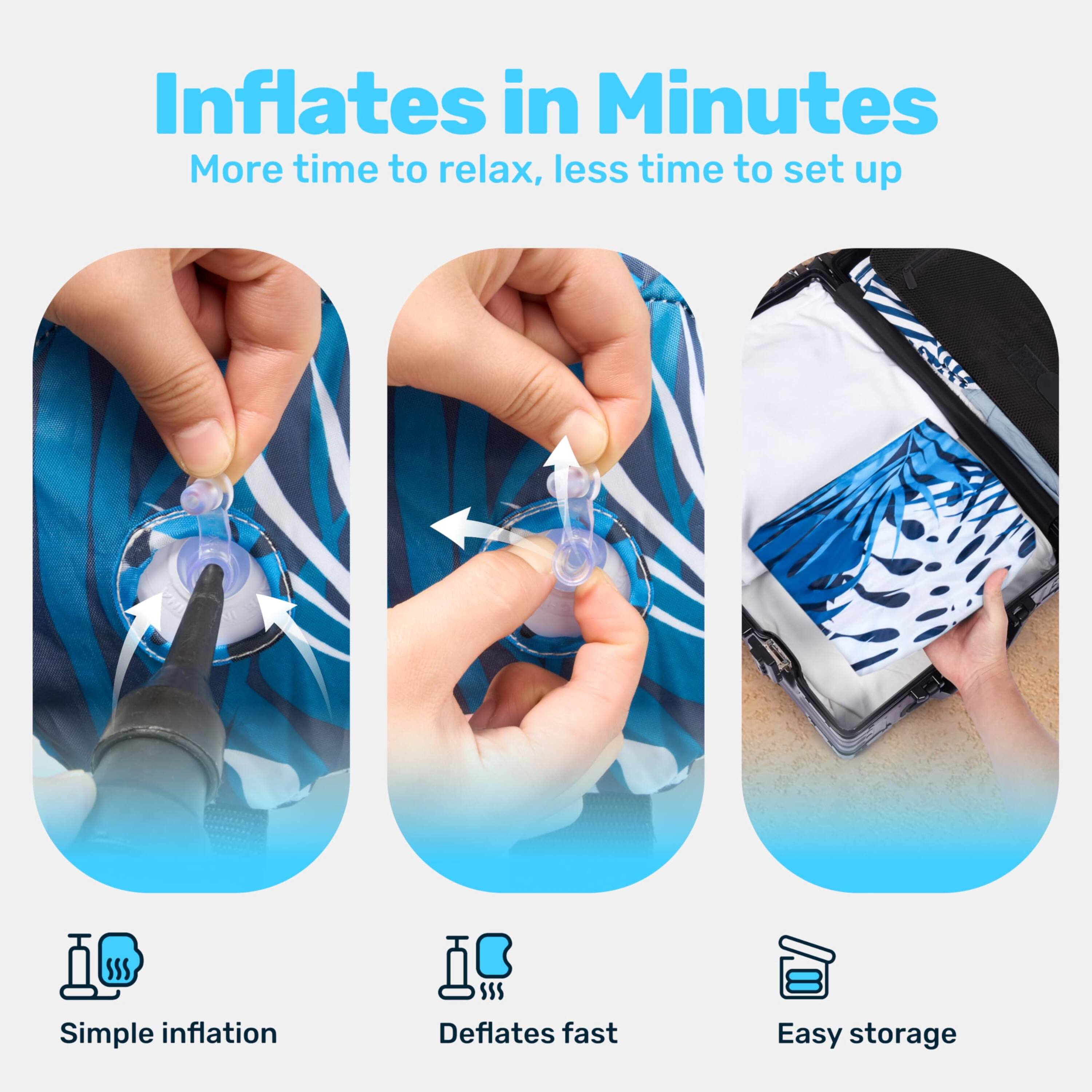 Inflates in Minutes  
More time to relax, less time to set up  

SSS Simple inflation  
SSS Deflates fast  
Easy storage